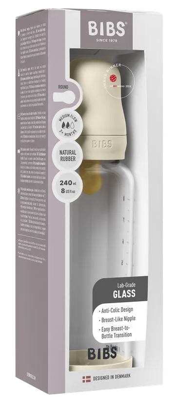 BIBS Glas Latex Medium Flow Babyfles 2+ Maanden Ivory afbeelding