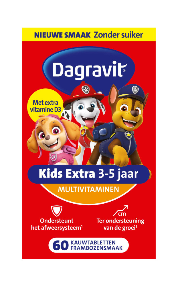Dagravit Kids Extra 3-5 jaar Multivitaminen - Paw Patrol - Ondersteunt het afweersysteem (1) - Ter ondersteuning van de groei (2) - Frambozensmaak - Suikervrij - 60 kauwtabletten
