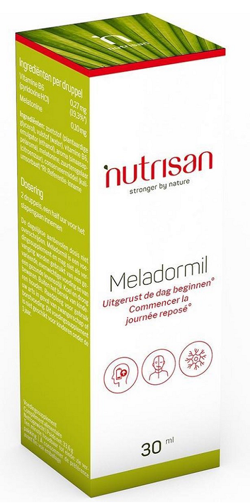 Nutrisan meladormil liquid is een voedingssupplement op basis van melatonine en vitamine b6 in vloeibare ...