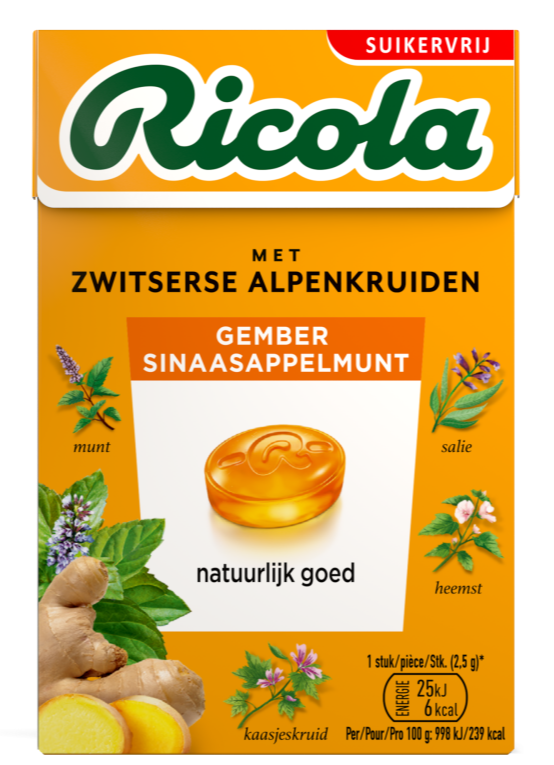 Ricola Gember Sinaasappelmunt Suikervrij Doosje