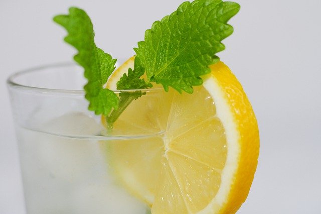 glas water met citroenmelisse en schijfje citroen