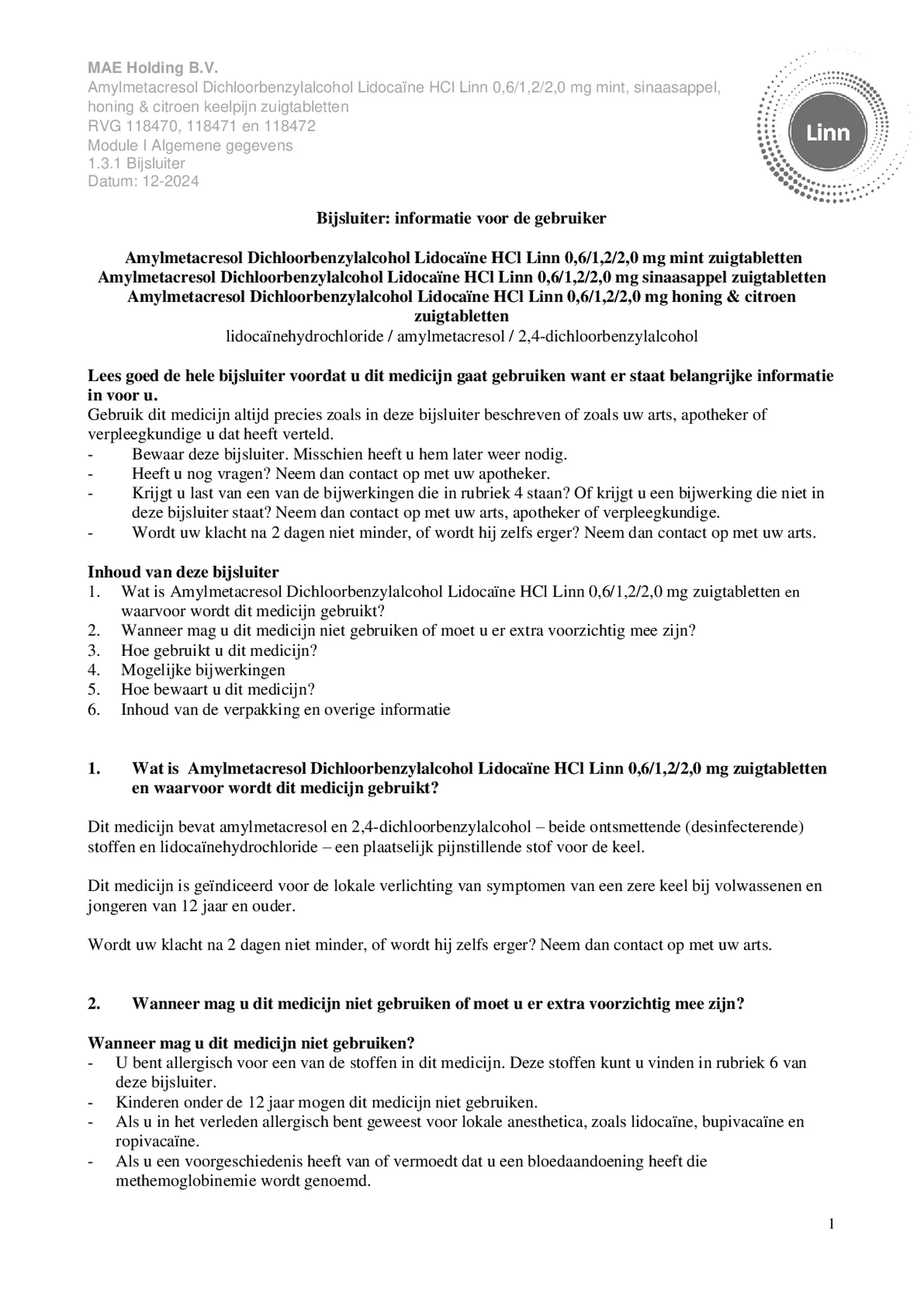 Keelpijn Zuigtabletten Honing & Citroen afbeelding van document #1, bijsluiter
