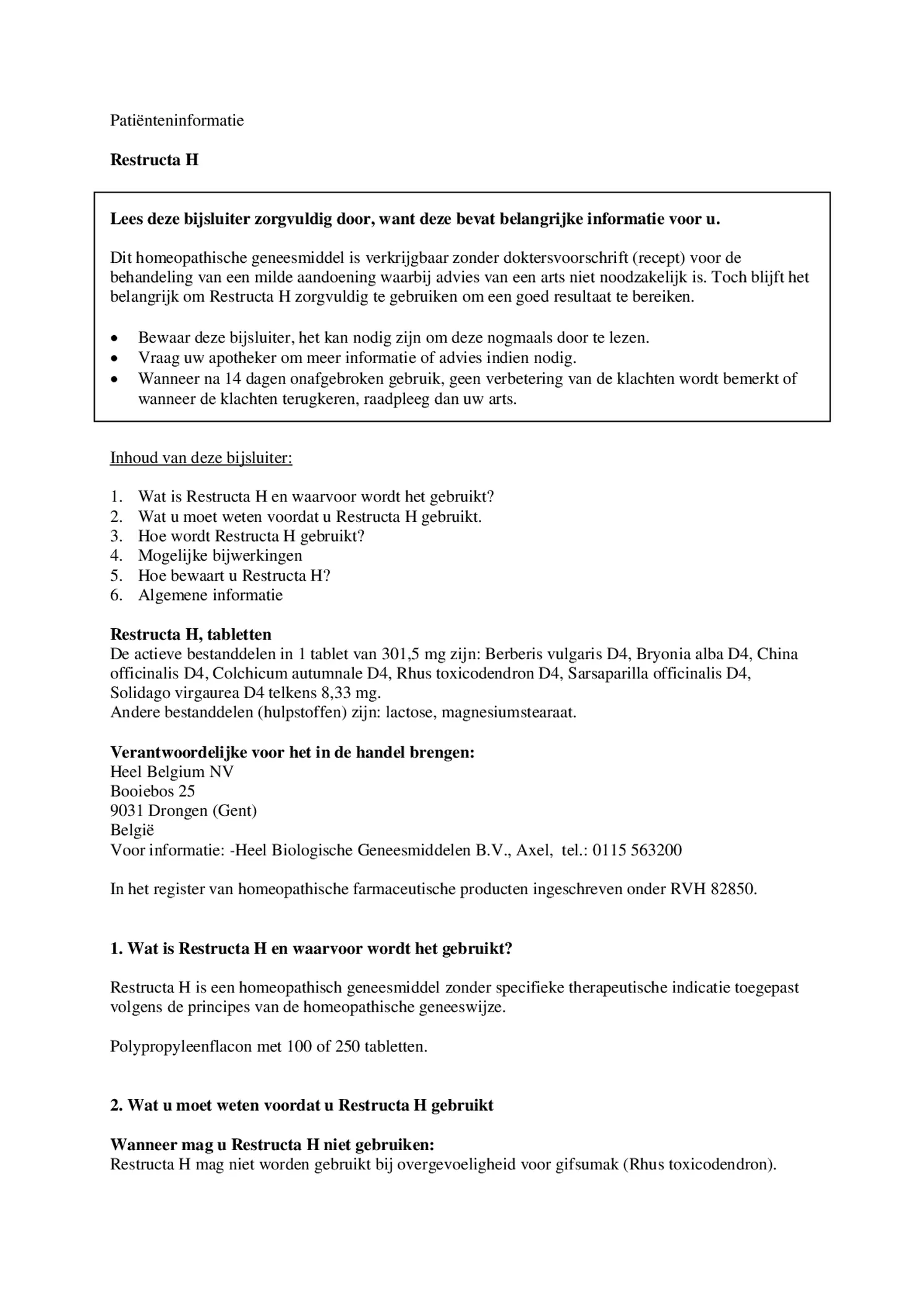 Restructa H Tabletten afbeelding van document #1, bijsluiter