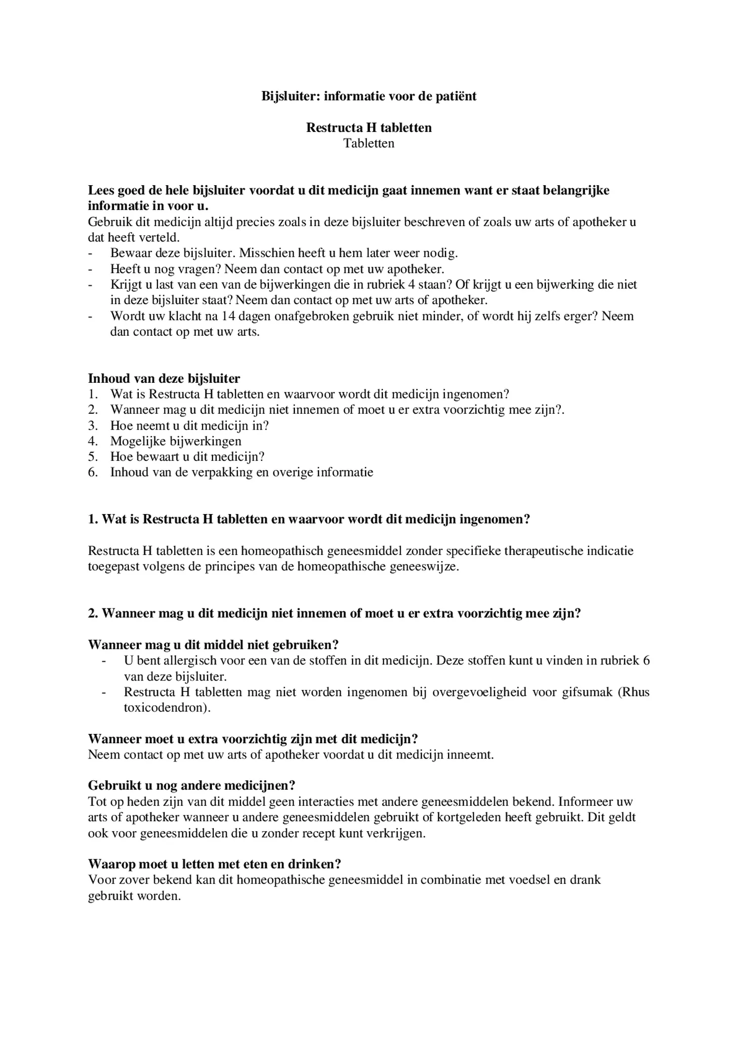Restructa H Tabletten afbeelding van document #1, bijsluiter