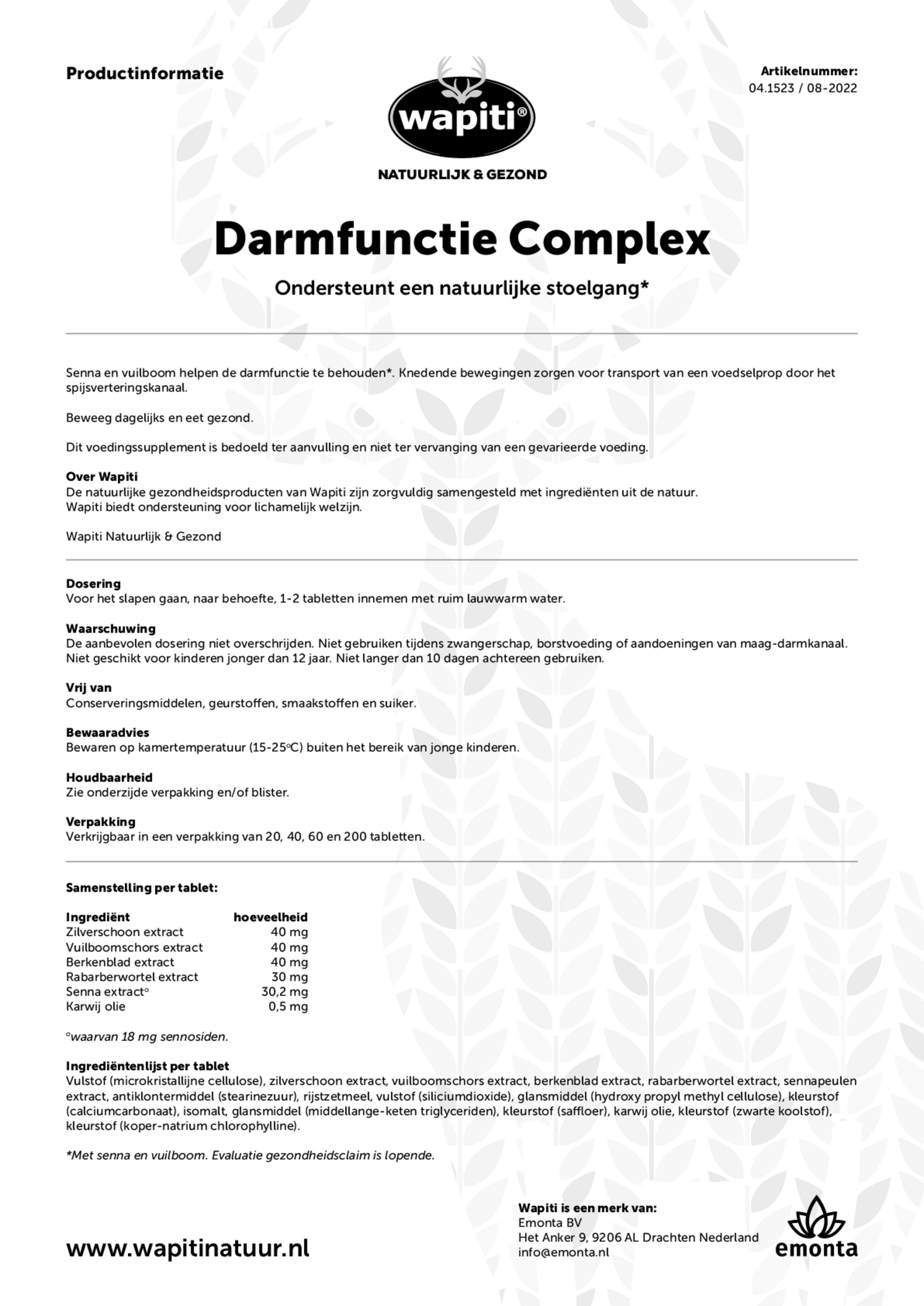 Darmfunctie Complex Tabletten afbeelding van document #1, gebruiksaanwijzing