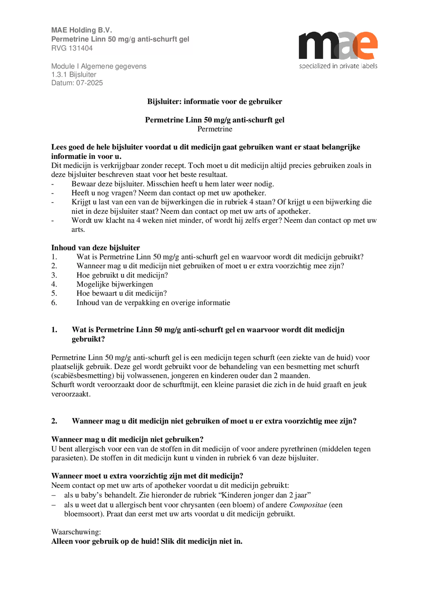 Permetrine 50 mg/g Gel afbeelding van document #1, bijsluiter