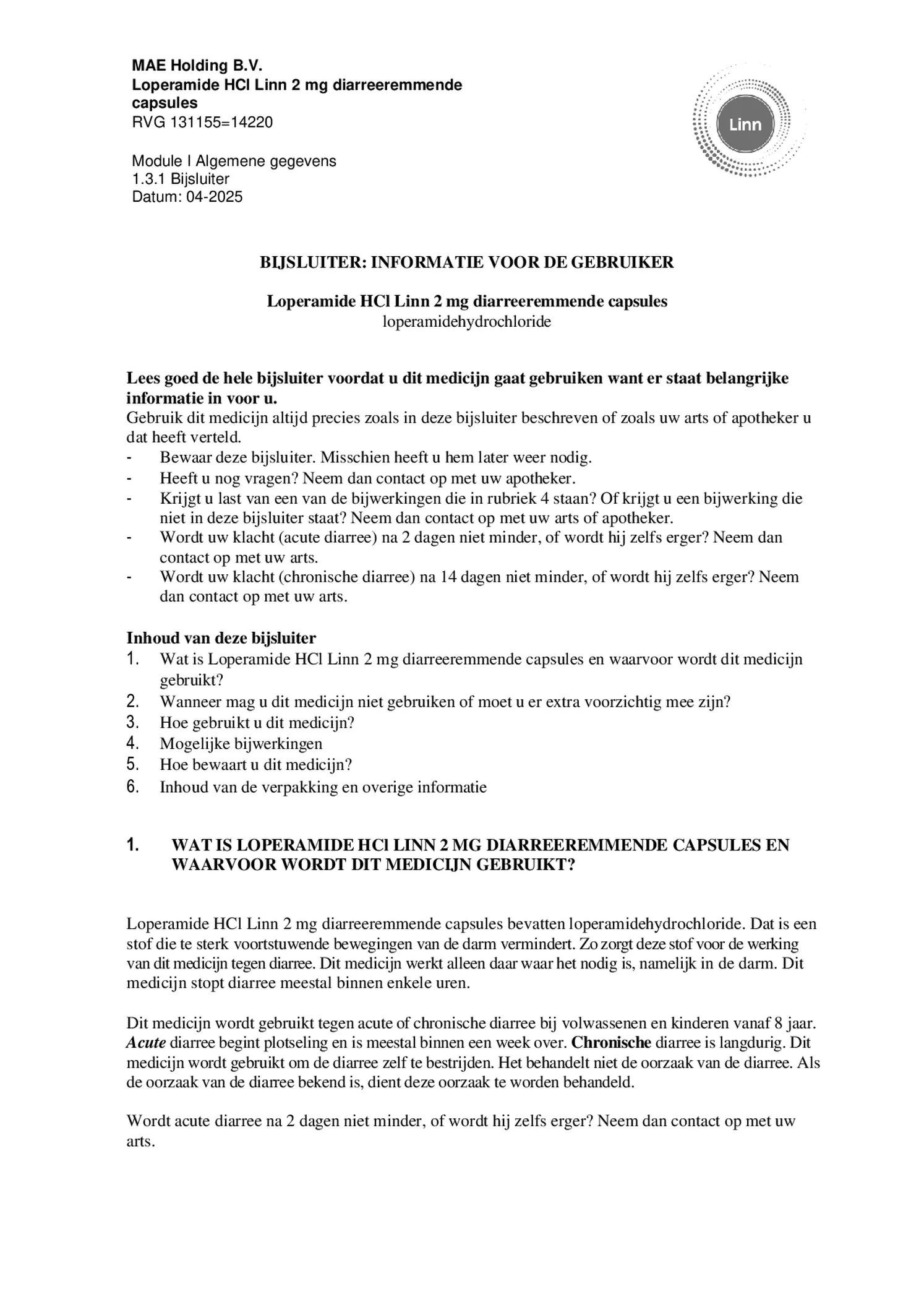 Loperamide Diarreeremmende Capsules afbeelding van document #1, bijsluiter