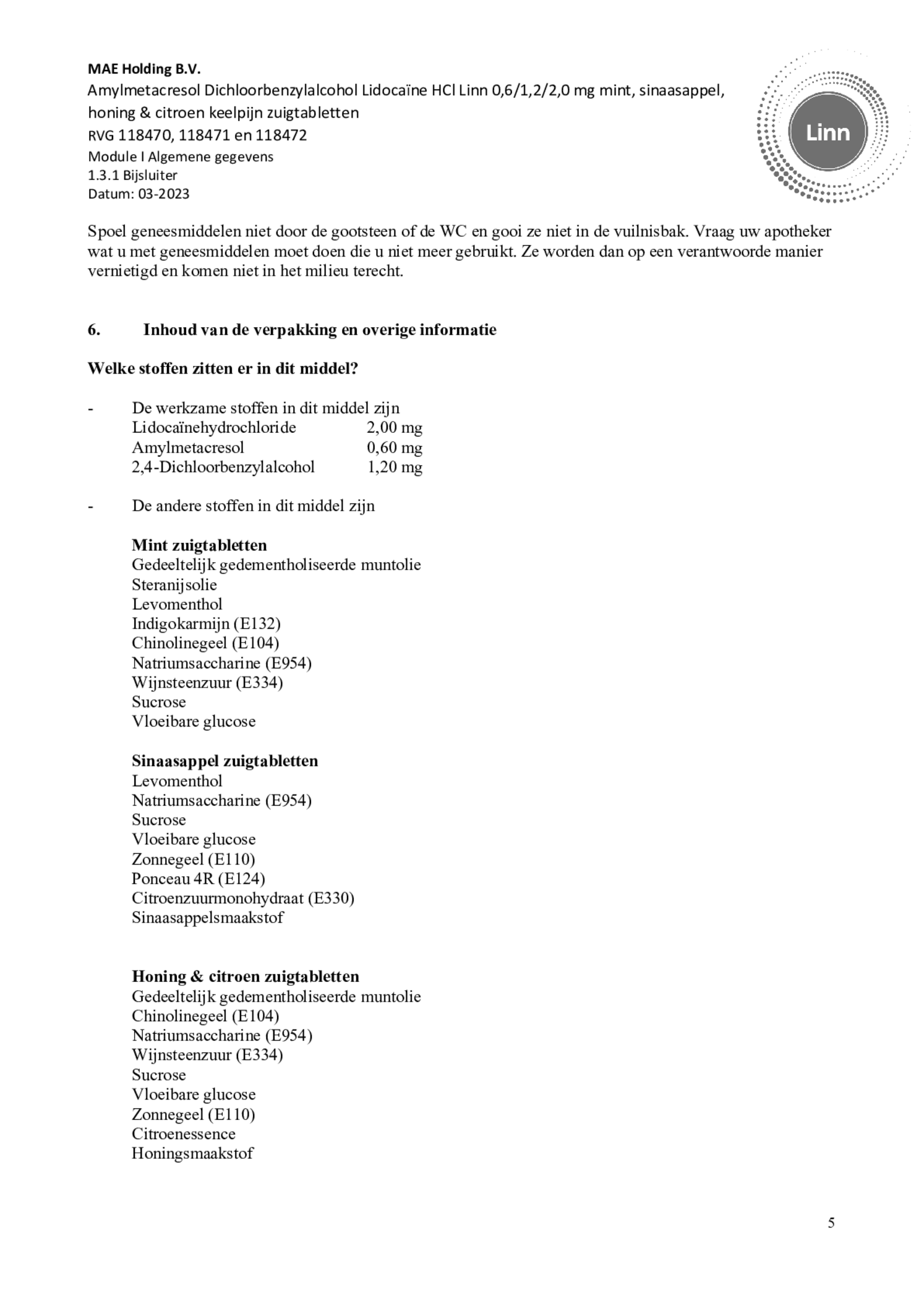 Lidocaine Keelpijn Honing en Citroen Zuigtabletten afbeelding van document #5, bijsluiter