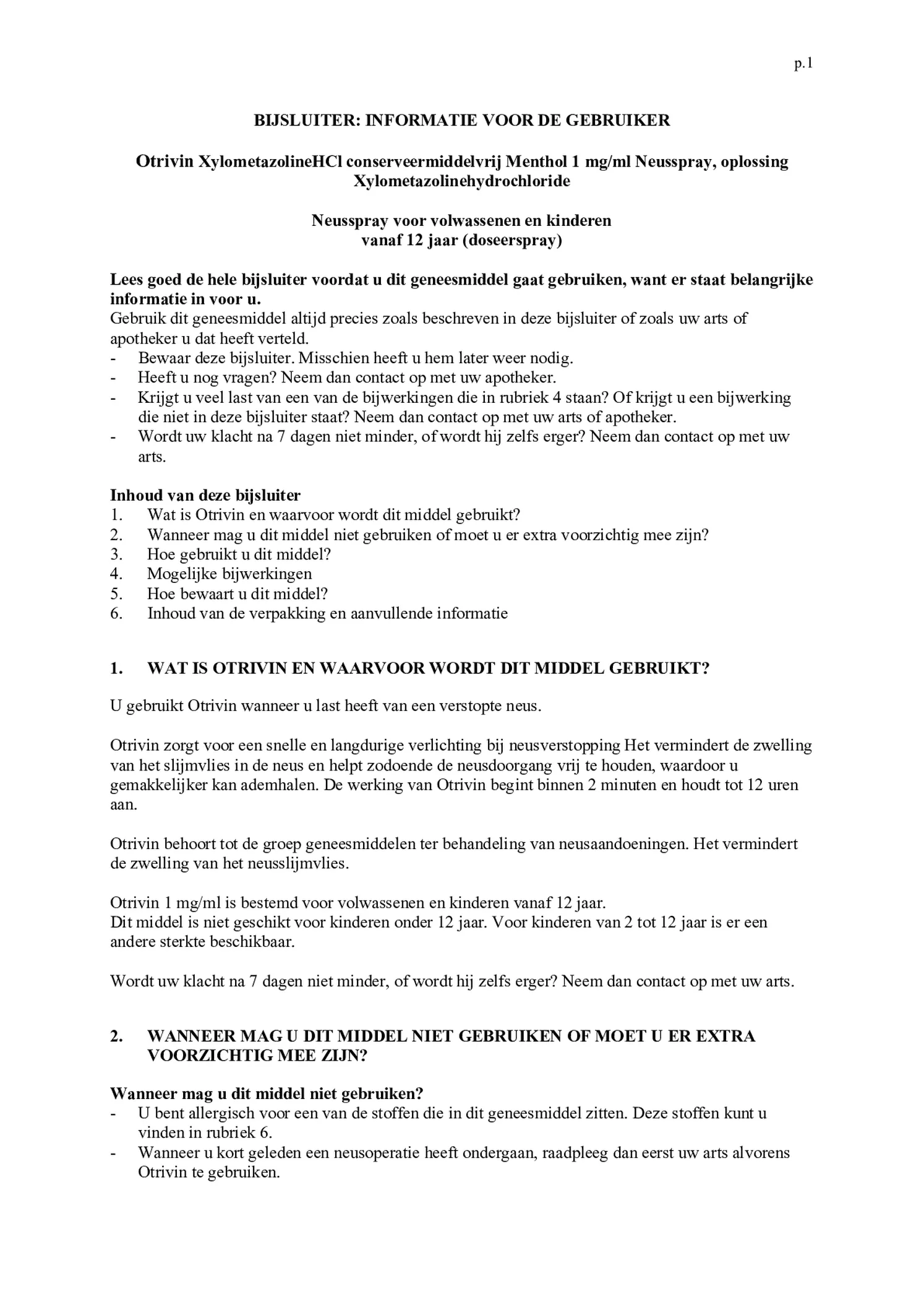 Menthol Xylometazoline HCI 1 mg/ml Neusspray afbeelding van document #1, bijsluiter
