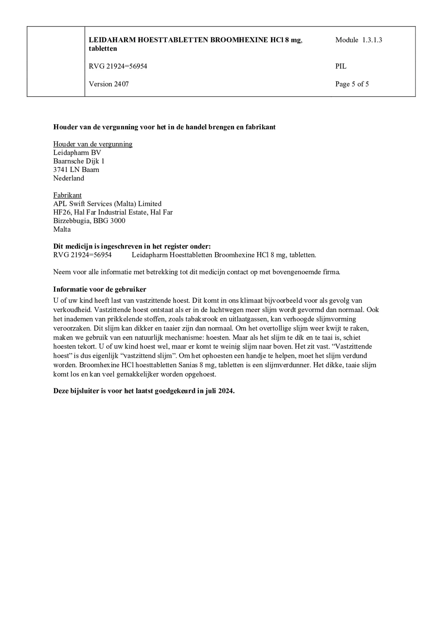 Broomhexine HCI 8 mg Hoesttabletten afbeelding van document #5, bijsluiter