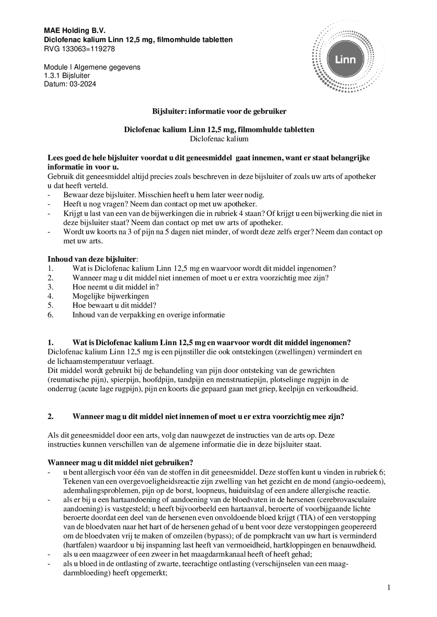 Diclofenac Kalium 12.5mg Filmomhulde Tabletten afbeelding van document #1, bijsluiter