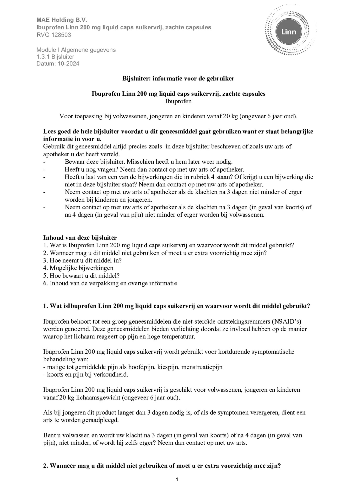 Ibuprofen Liquid Caps 200mg Suikervrij afbeelding van document #1, bijsluiter