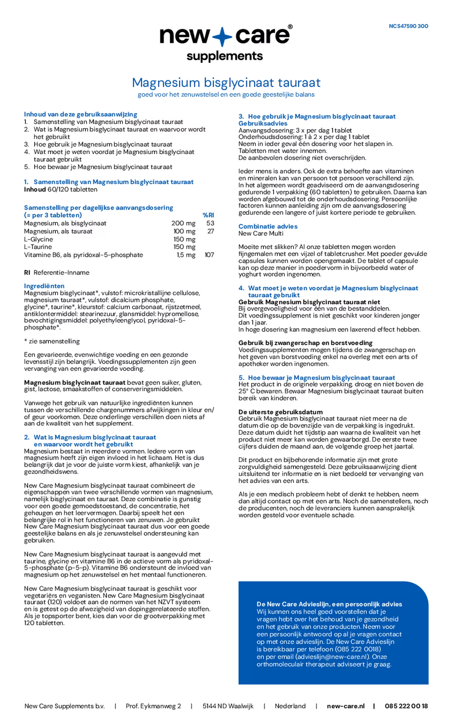 Magnesium Bisglycinaat Tauraat Tabletten afbeelding van document #1, gebruiksaanwijzing