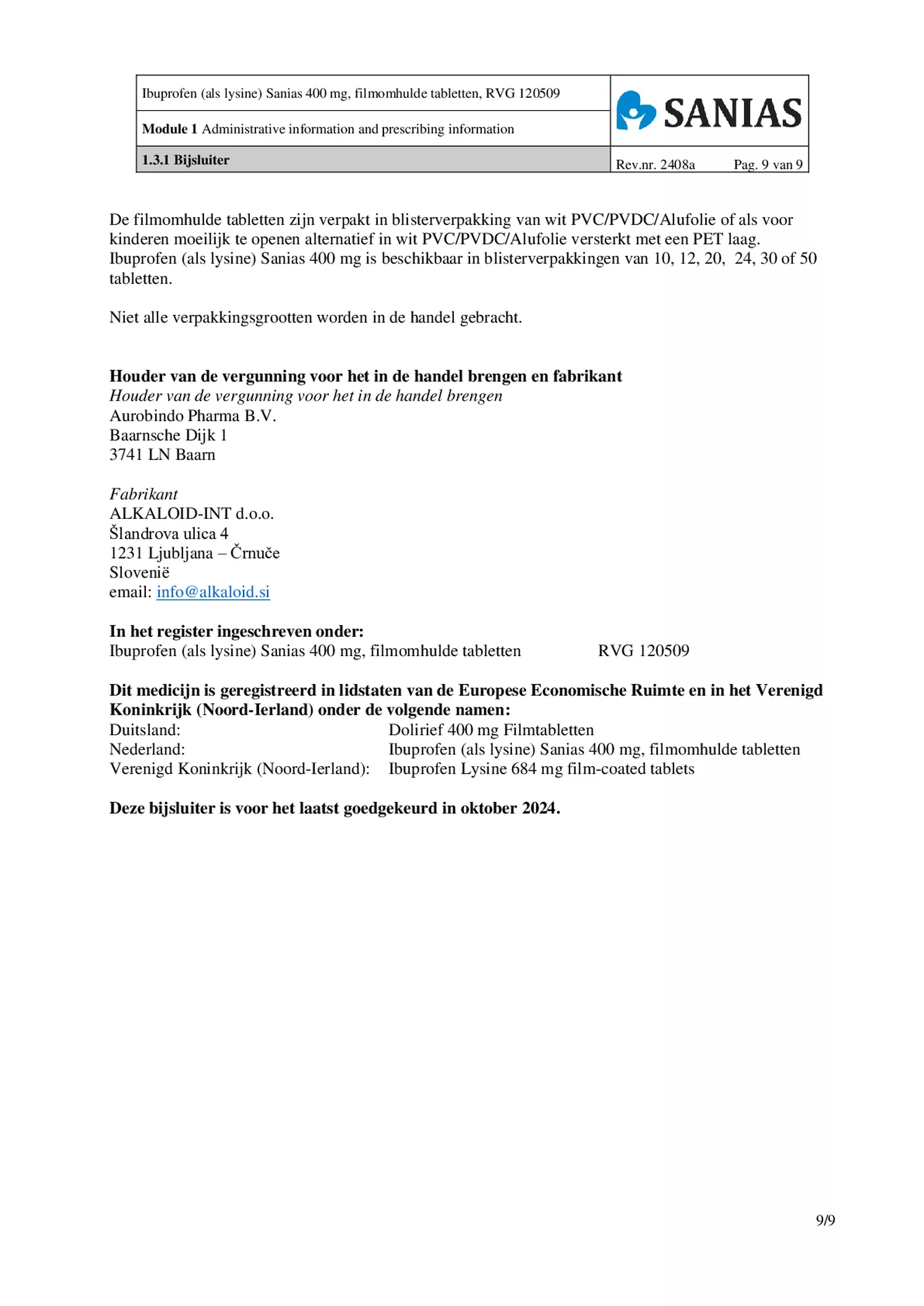 Ibuprofen (als Lysine) Sanias 400mg Tabletten afbeelding van document #9, bijsluiter