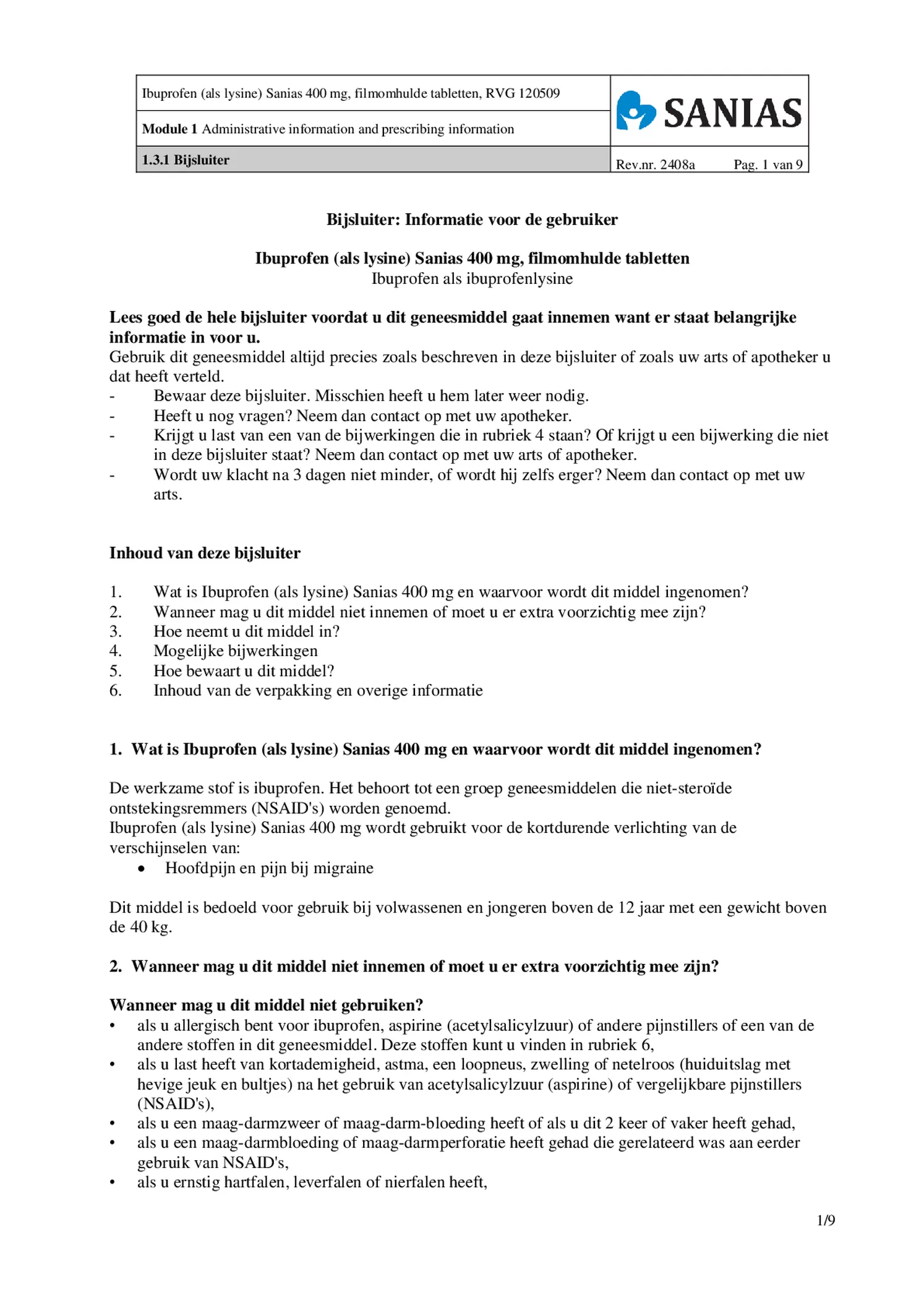 Ibuprofen (als Lysine) Sanias 400mg Tabletten afbeelding van document #1, bijsluiter
