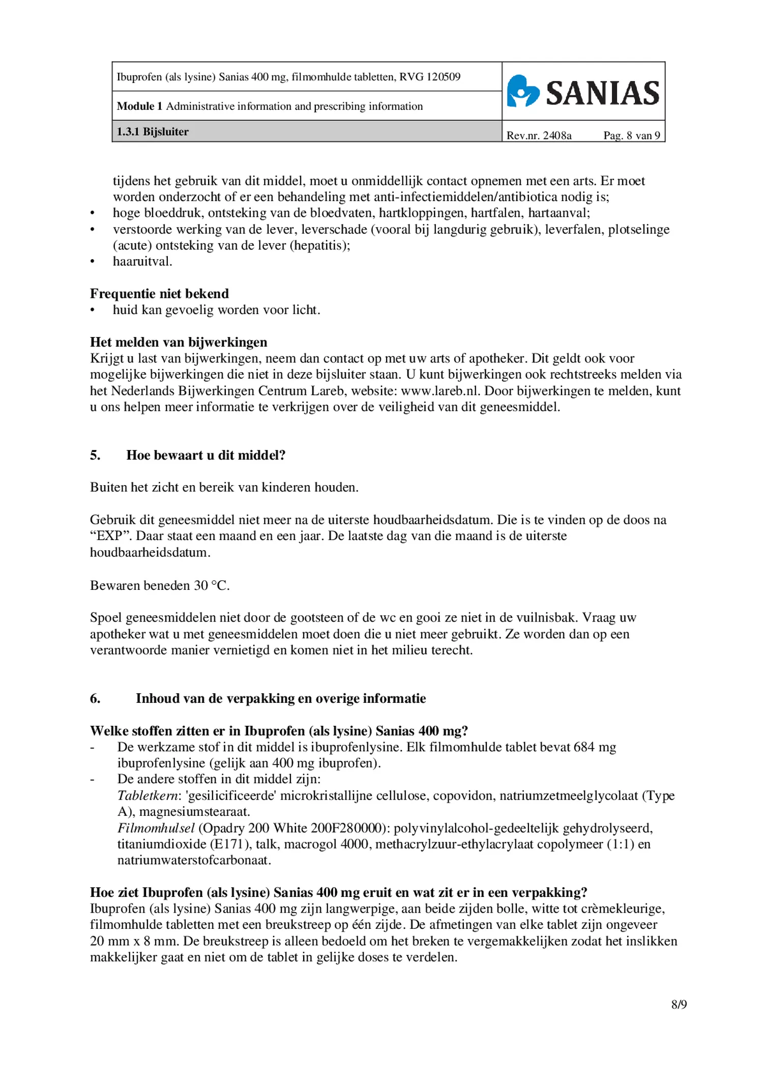 Ibuprofen (als Lysine) Sanias 400mg Tabletten afbeelding van document #8, bijsluiter