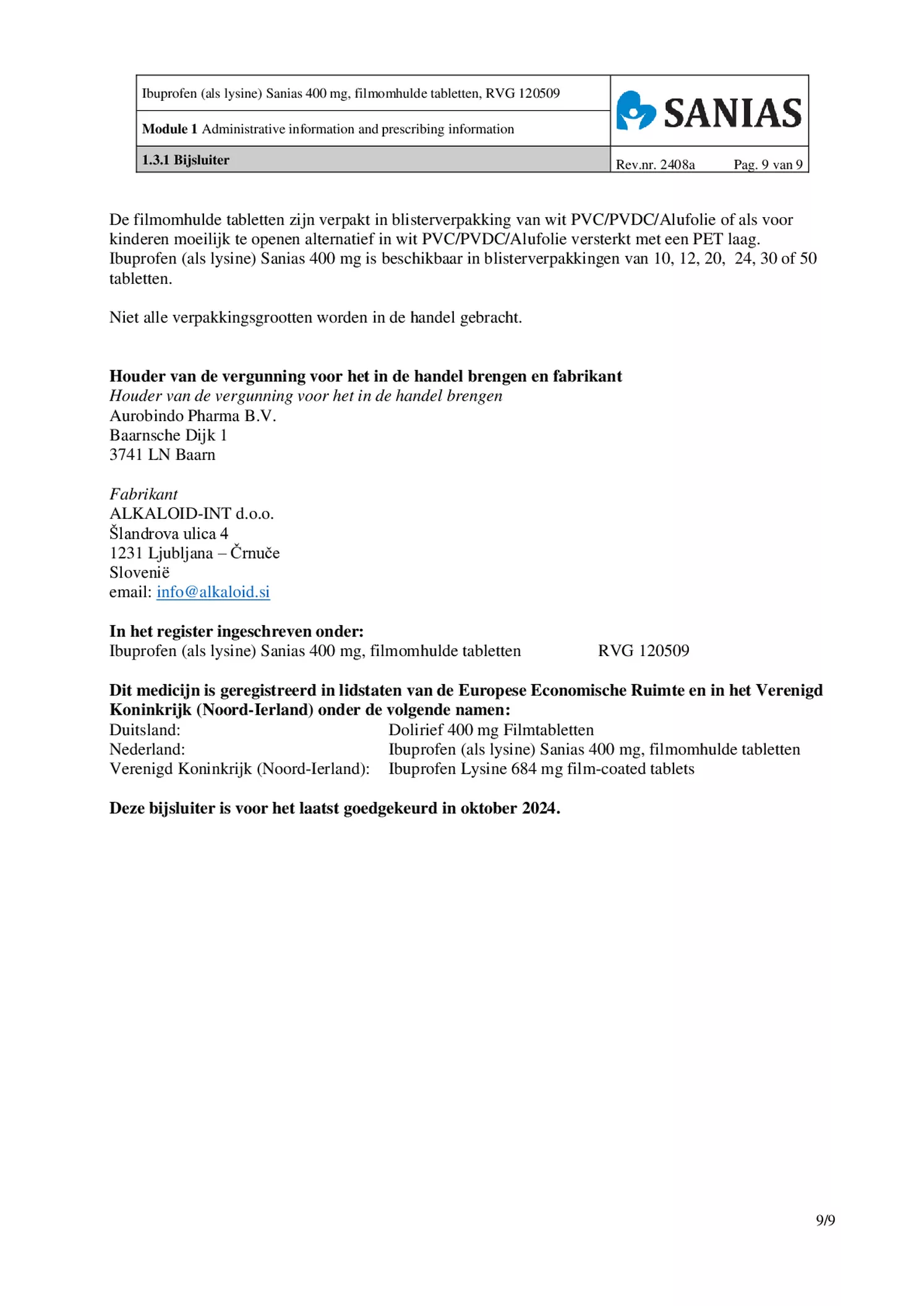 Ibuprofen (als Lysine) Sanias 400mg Tabletten afbeelding van document #9, bijsluiter