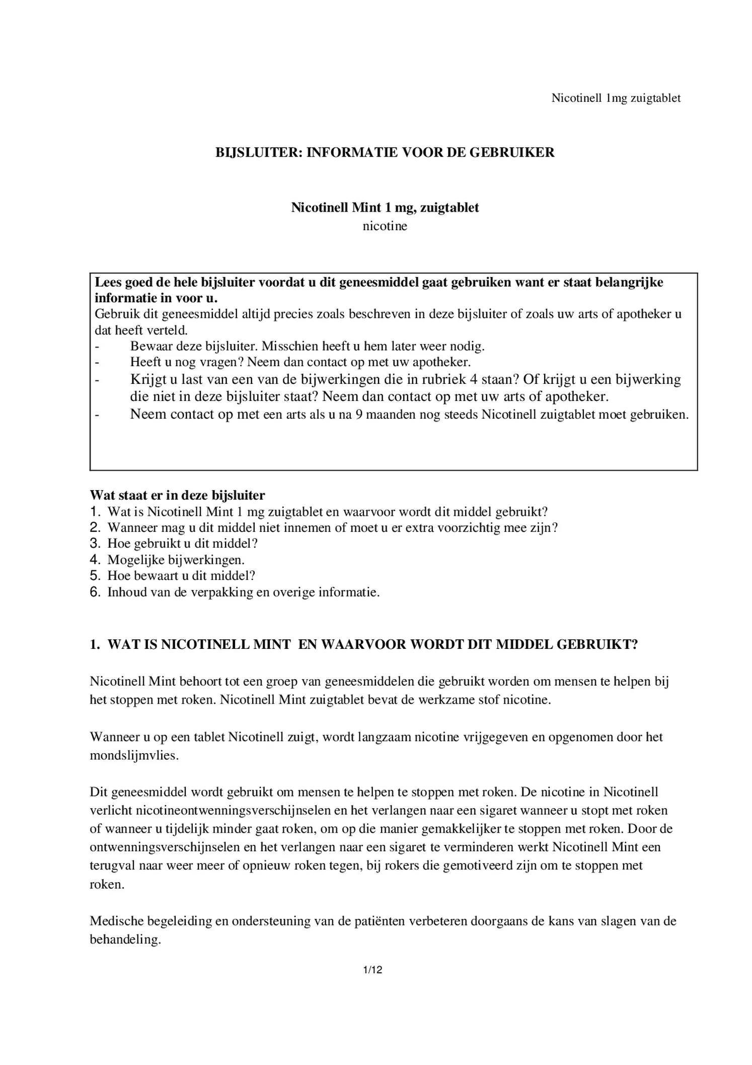 Zuigtablet Mint 1 mg -  voor stoppen met roken afbeelding van document #1, bijsluiter