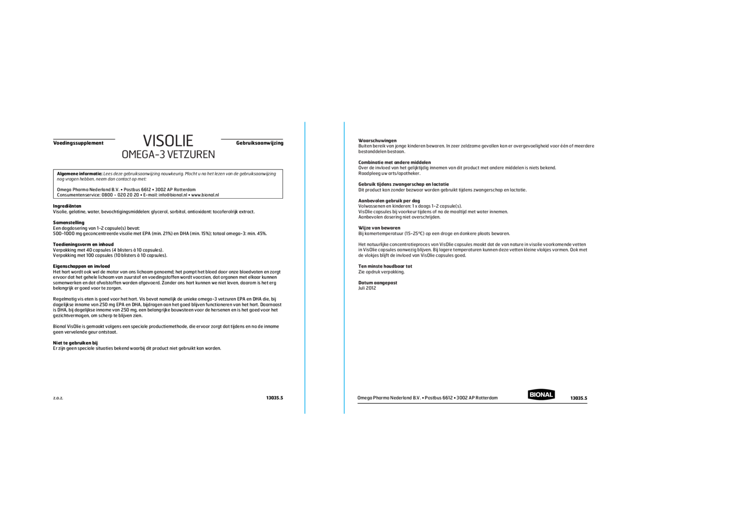 Visolie Omega-3 Vetzuren Capsules afbeelding van document #1, gebruiksaanwijzing