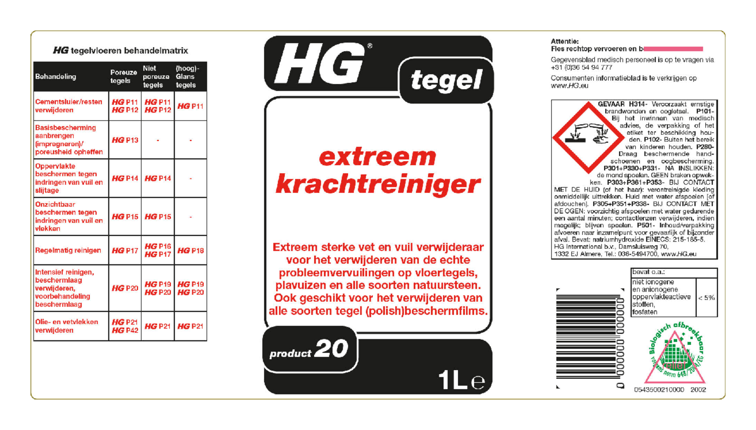 Tegel Reiniger Extra Sterk HG Productnr. 20 afbeelding van document #1, etiket