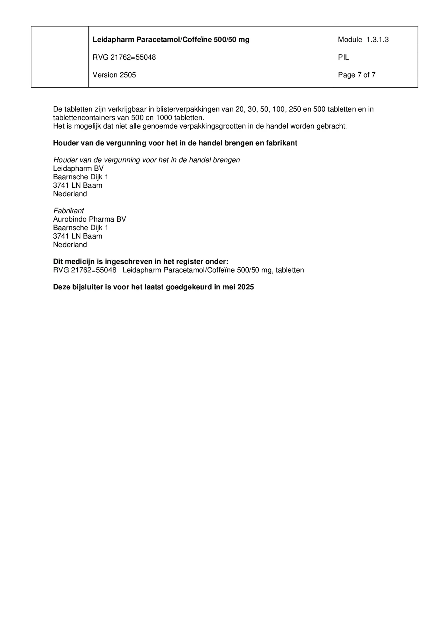 Paracetamol Coffeine Tabletten afbeelding van document #7, bijsluiter