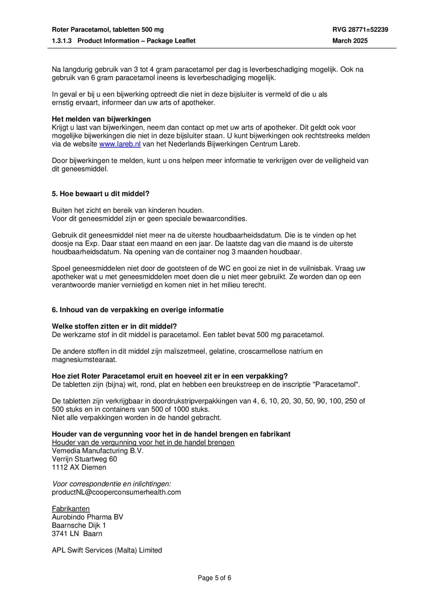 Paracetamol Tabletten 500mg afbeelding van document #5, bijsluiter