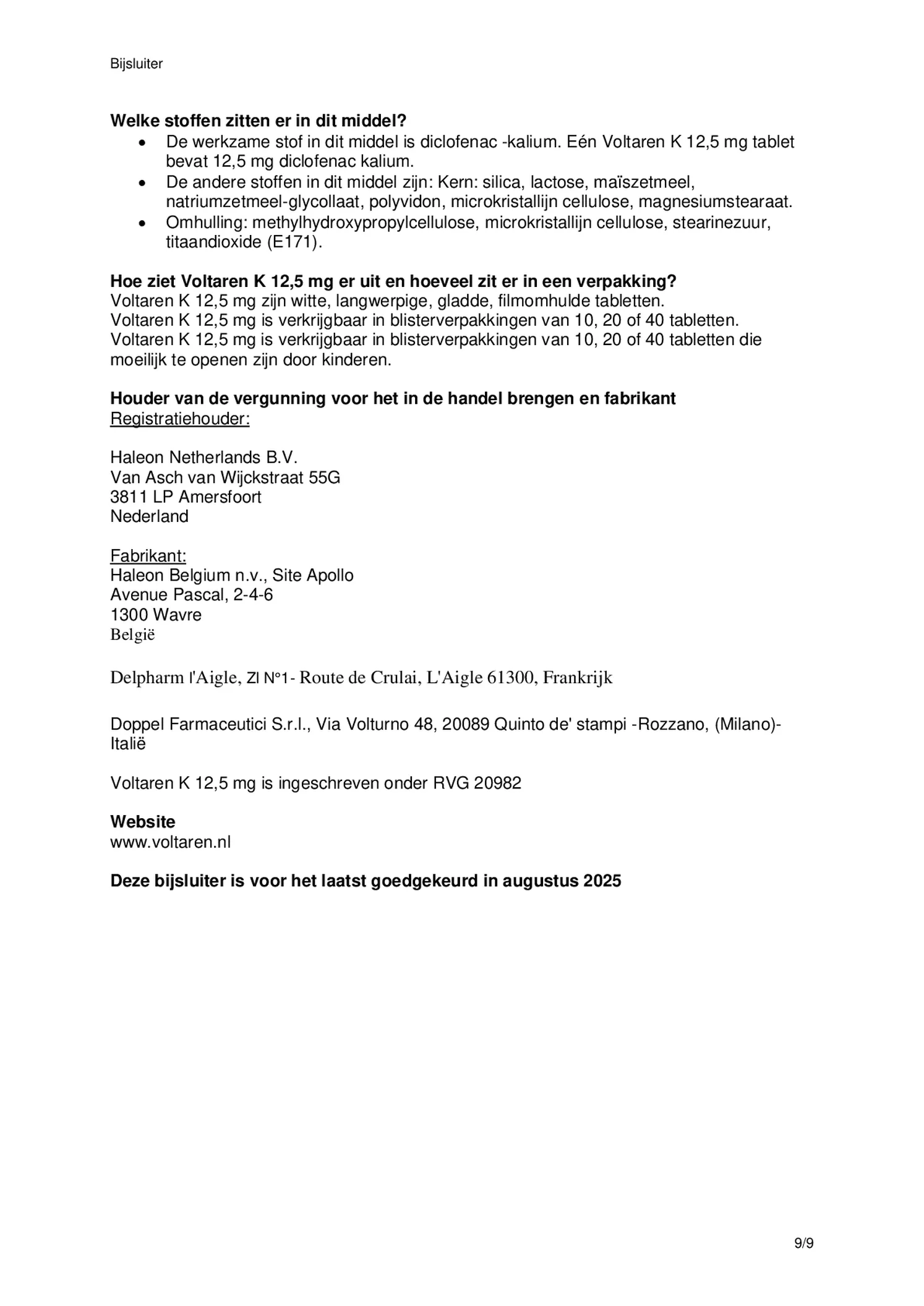 K 12,5 mg  pijnstiller Filmomhulde Tabletten Diclofenac-Kalium afbeelding van document #9, bijsluiter