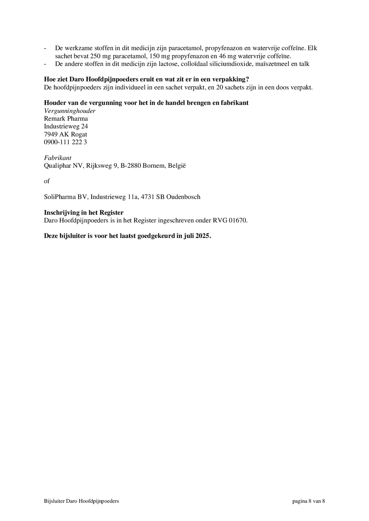 Hoofdpijnpoeders Sachets afbeelding van document #8, bijsluiter