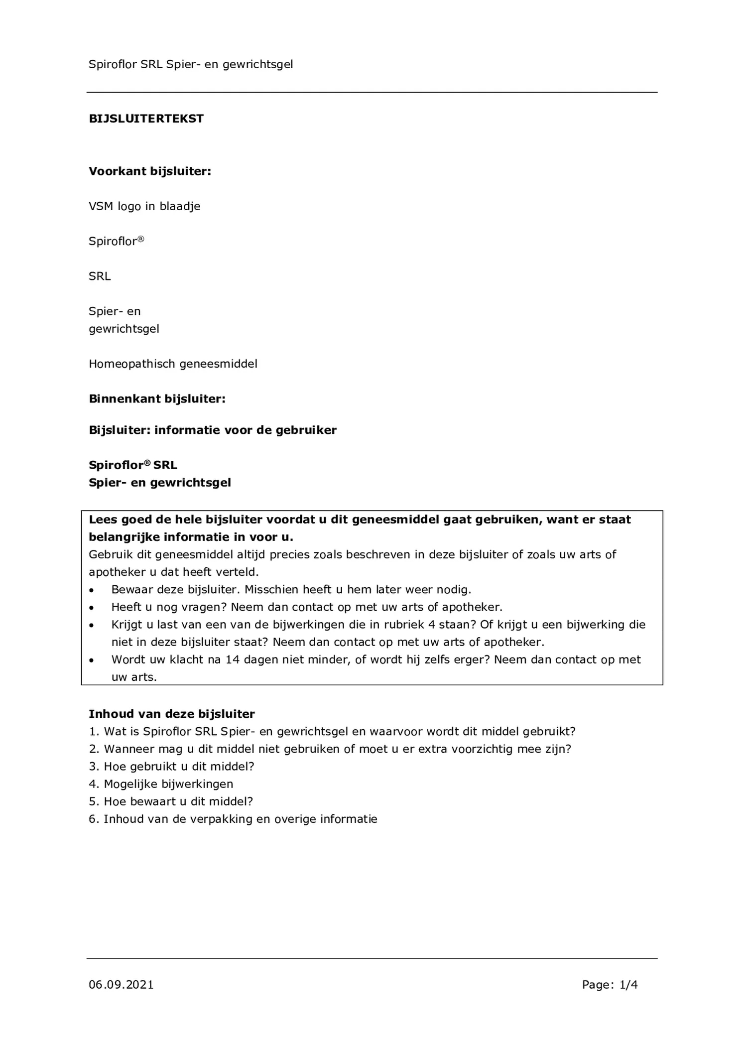 Spiroflor SRL Gel Tube afbeelding van document #1, bijsluiter