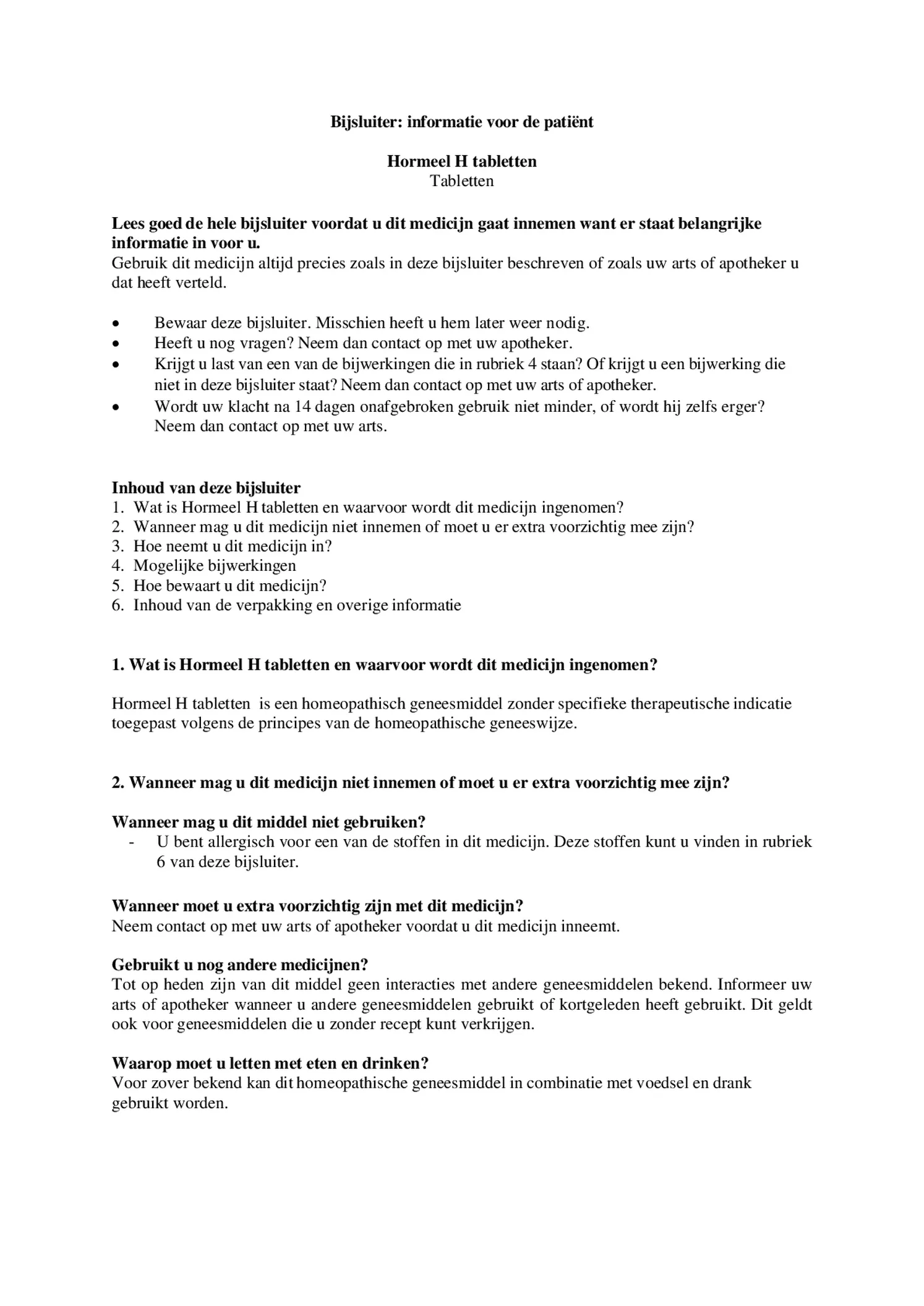 Hormeel H Tabletten afbeelding van document #1, bijsluiter