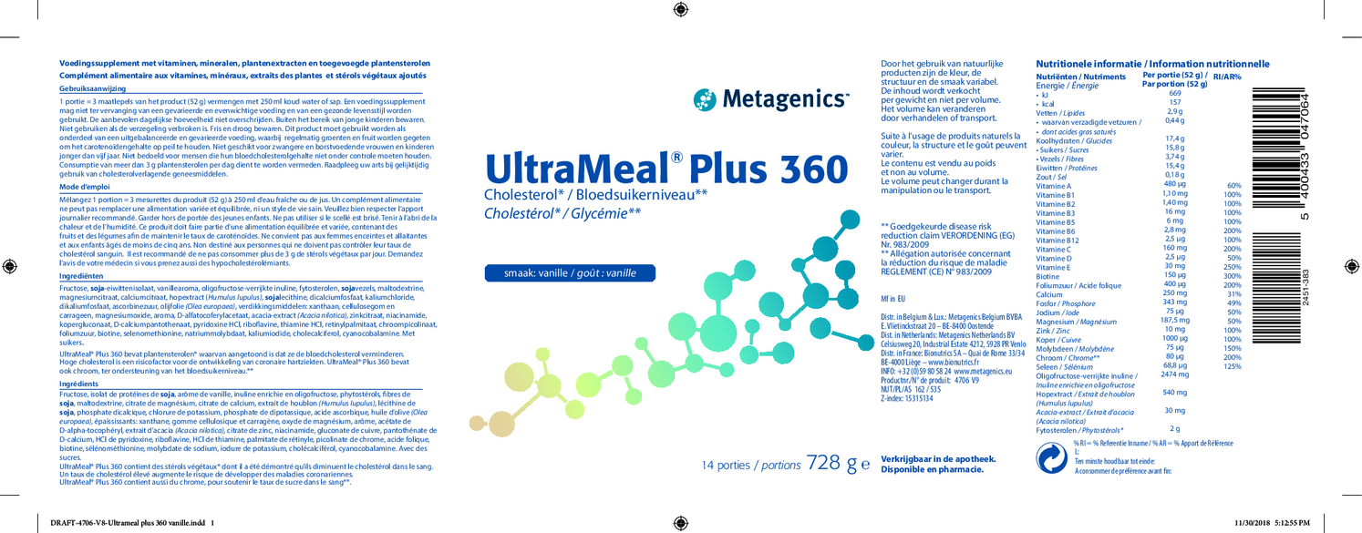 UltraMeal Plus 360 Vanille Poeder afbeelding van document #1, etiket