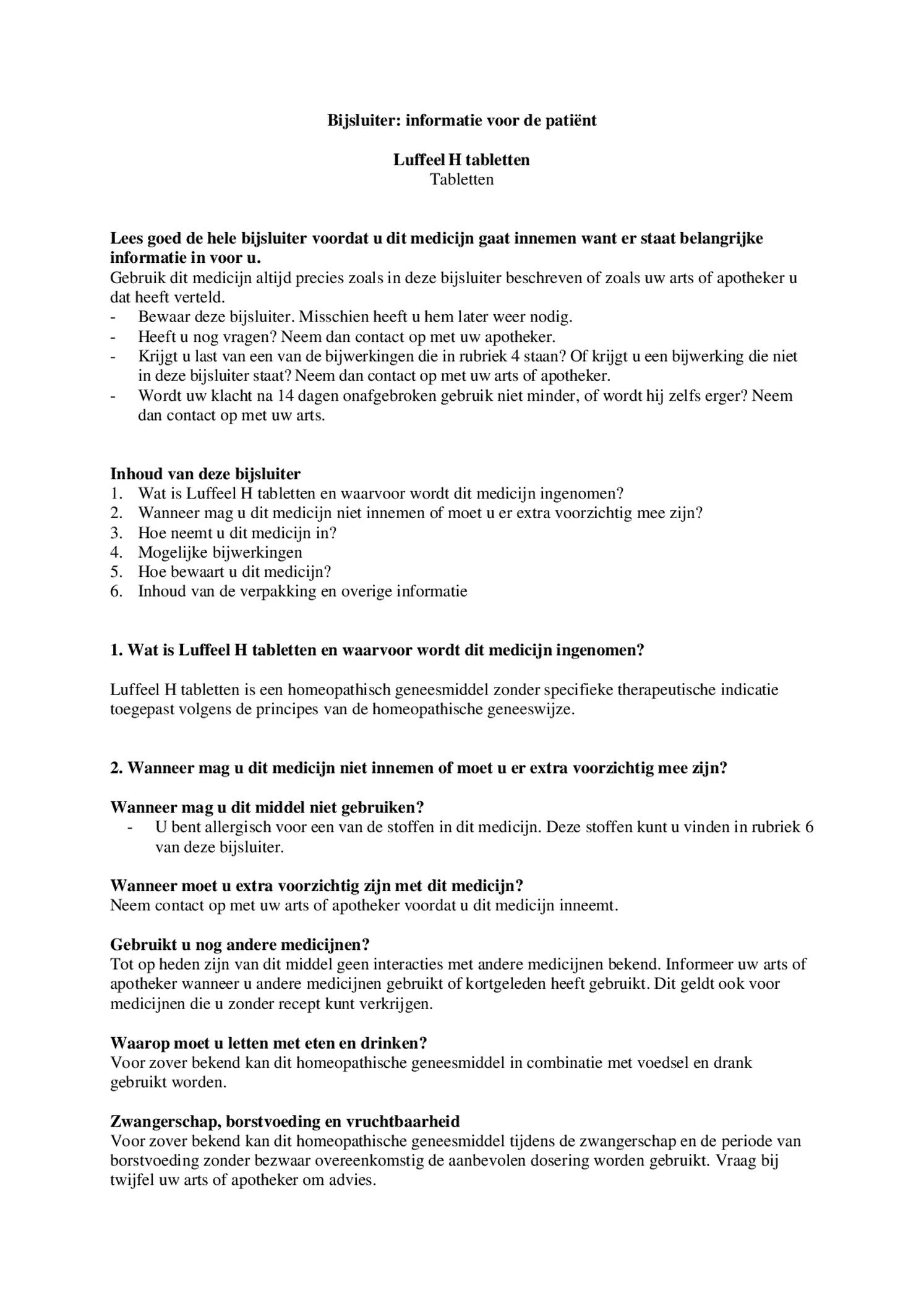 Luffeel H Tabletten afbeelding van document #1, bijsluiter