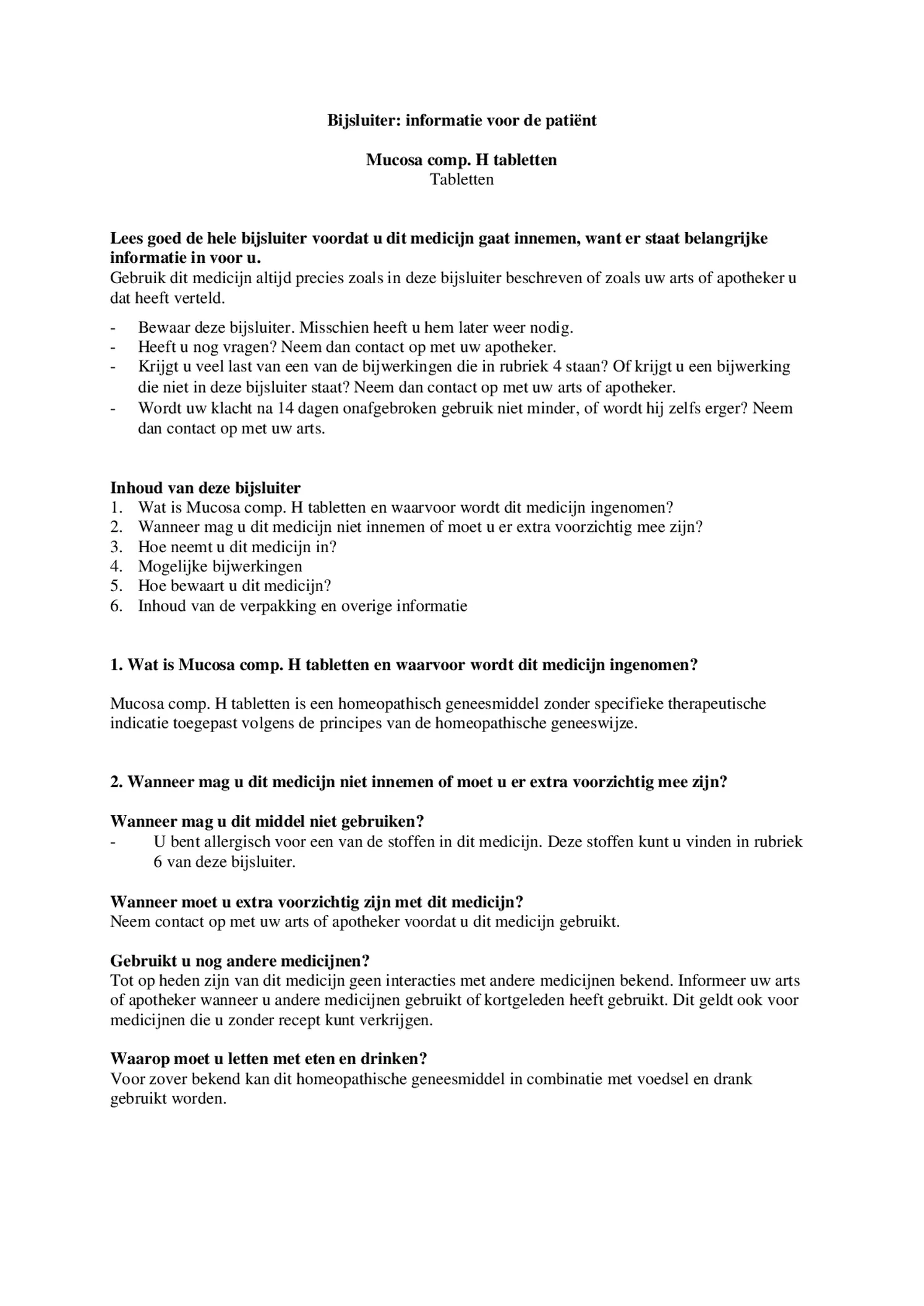 Mucosa Compositum H Tabletten afbeelding van document #1, bijsluiter