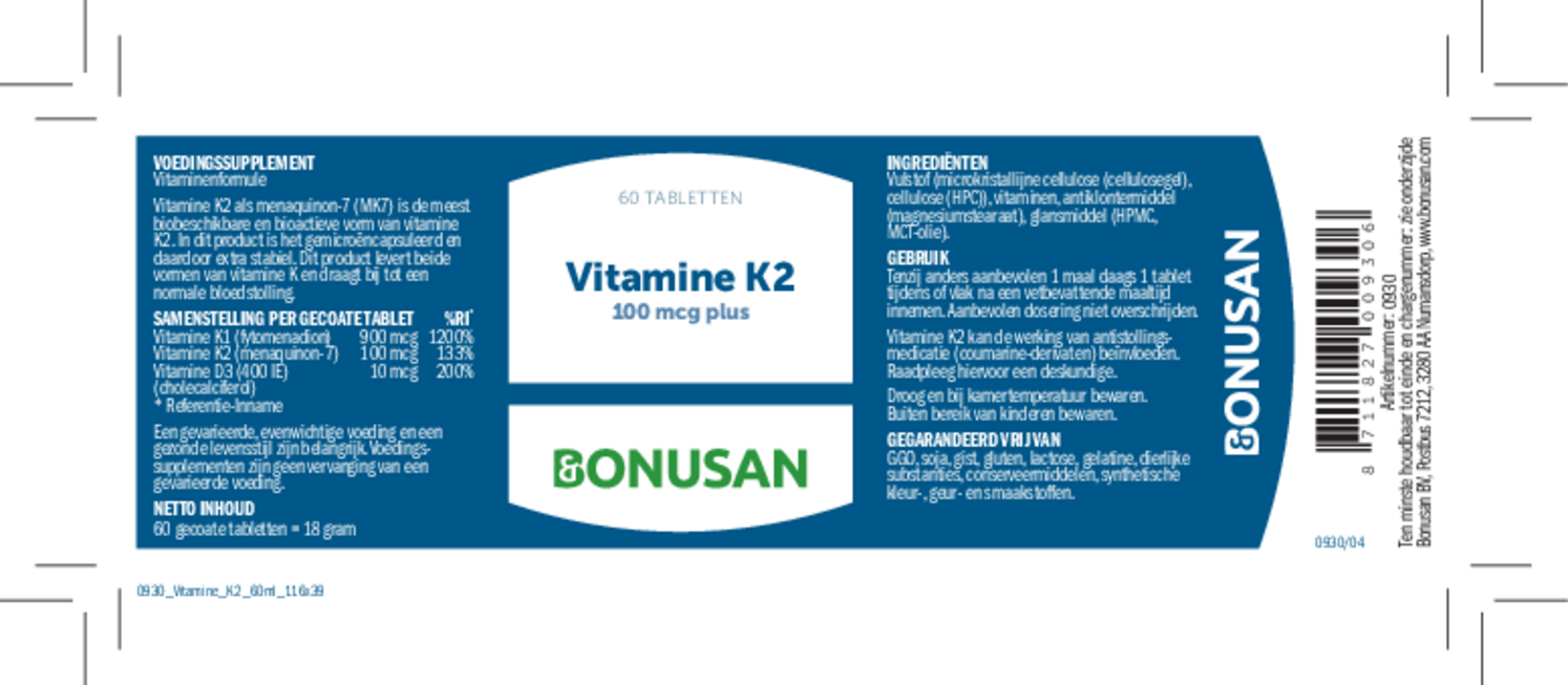 Vitamine K2 100 mcg Plus Tabletten afbeelding van document #1, etiket