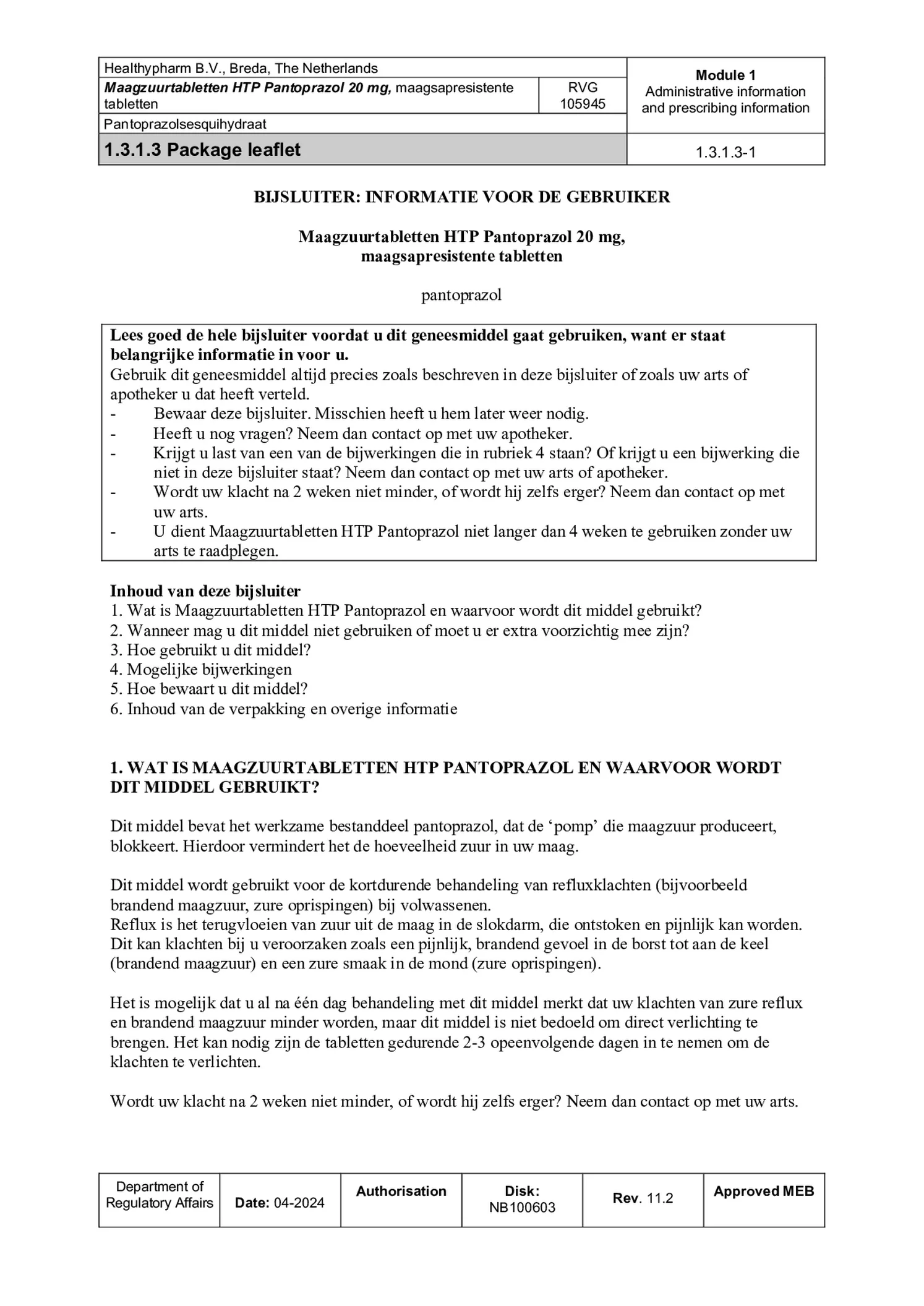 Maagzuurremmer Pantoprazol 20mg Tabletten afbeelding van document #1, bijsluiter