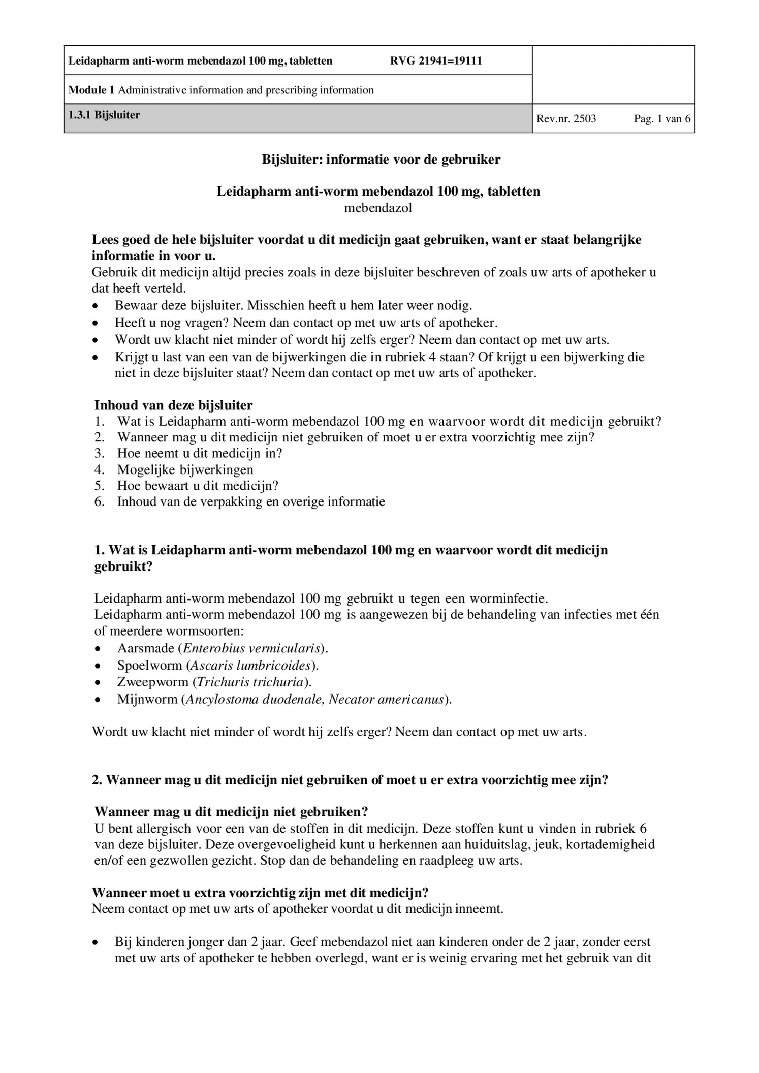 Anti-Worm Tabletten afbeelding van document #1, bijsluiter