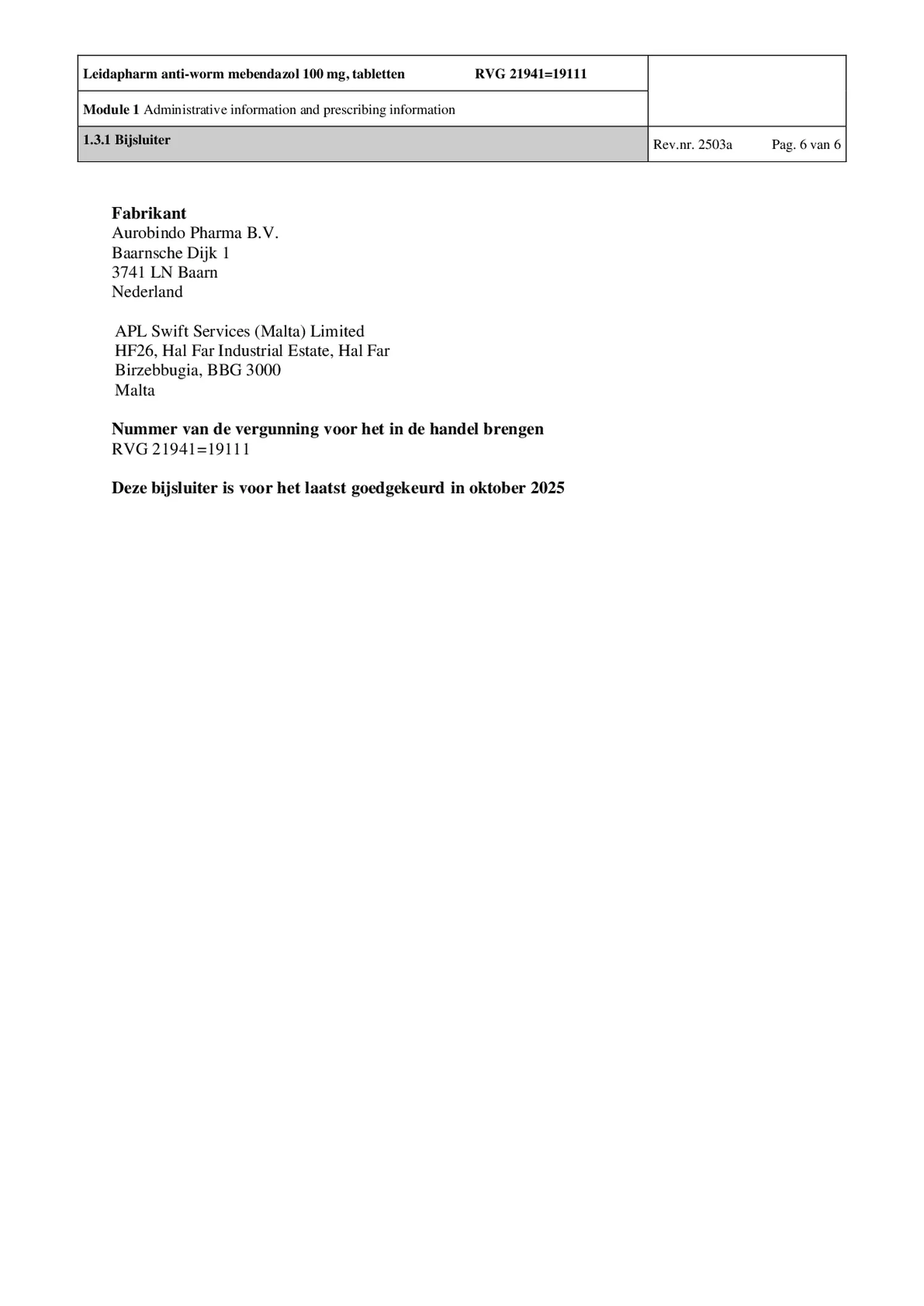 Anti-Worm Tabletten afbeelding van document #6, bijsluiter