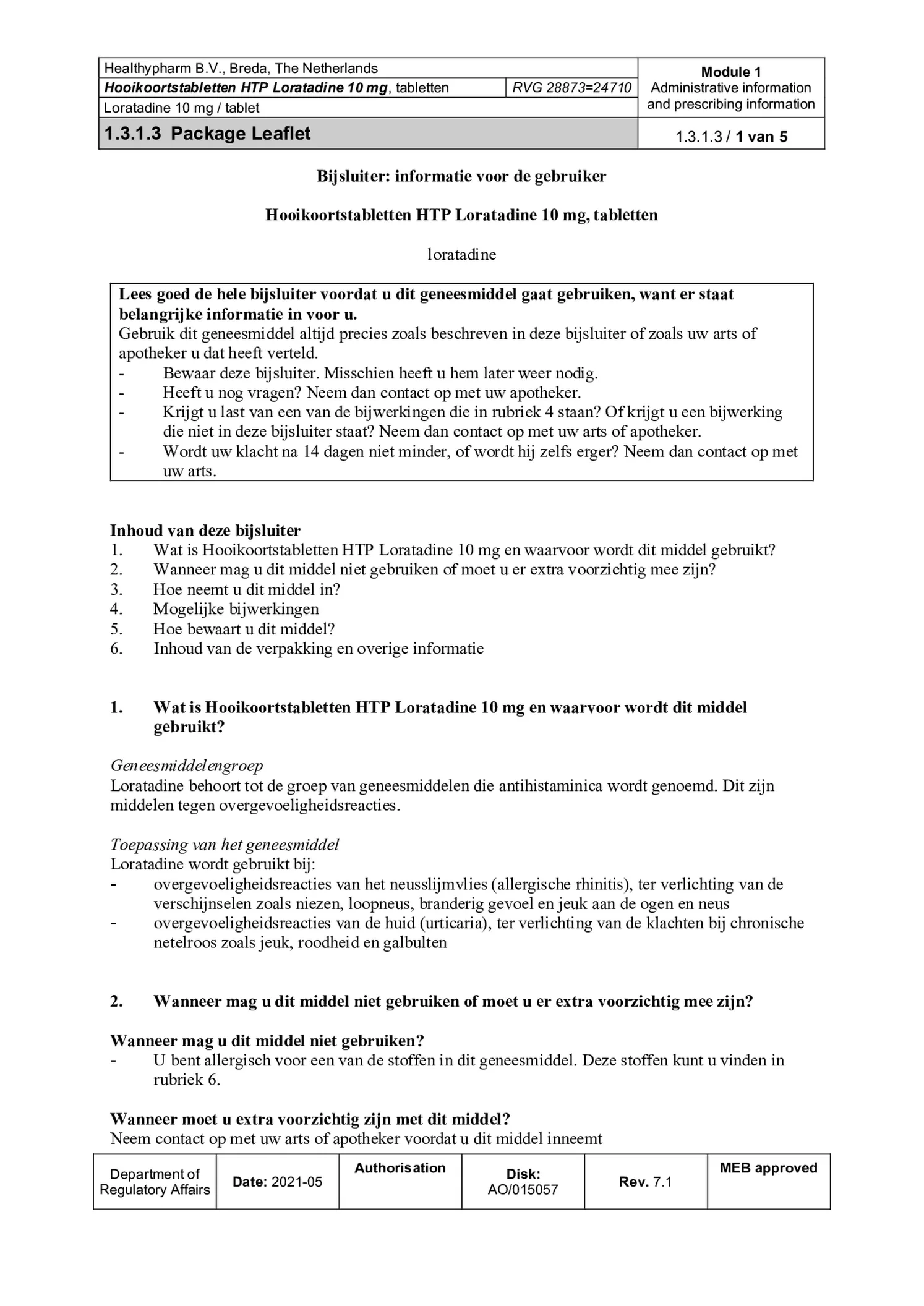 Loratadine Hooikoortstabletten - Bij hooikoorts en vergelijkbare allergische reacties afbeelding van document #1, bijsluiter