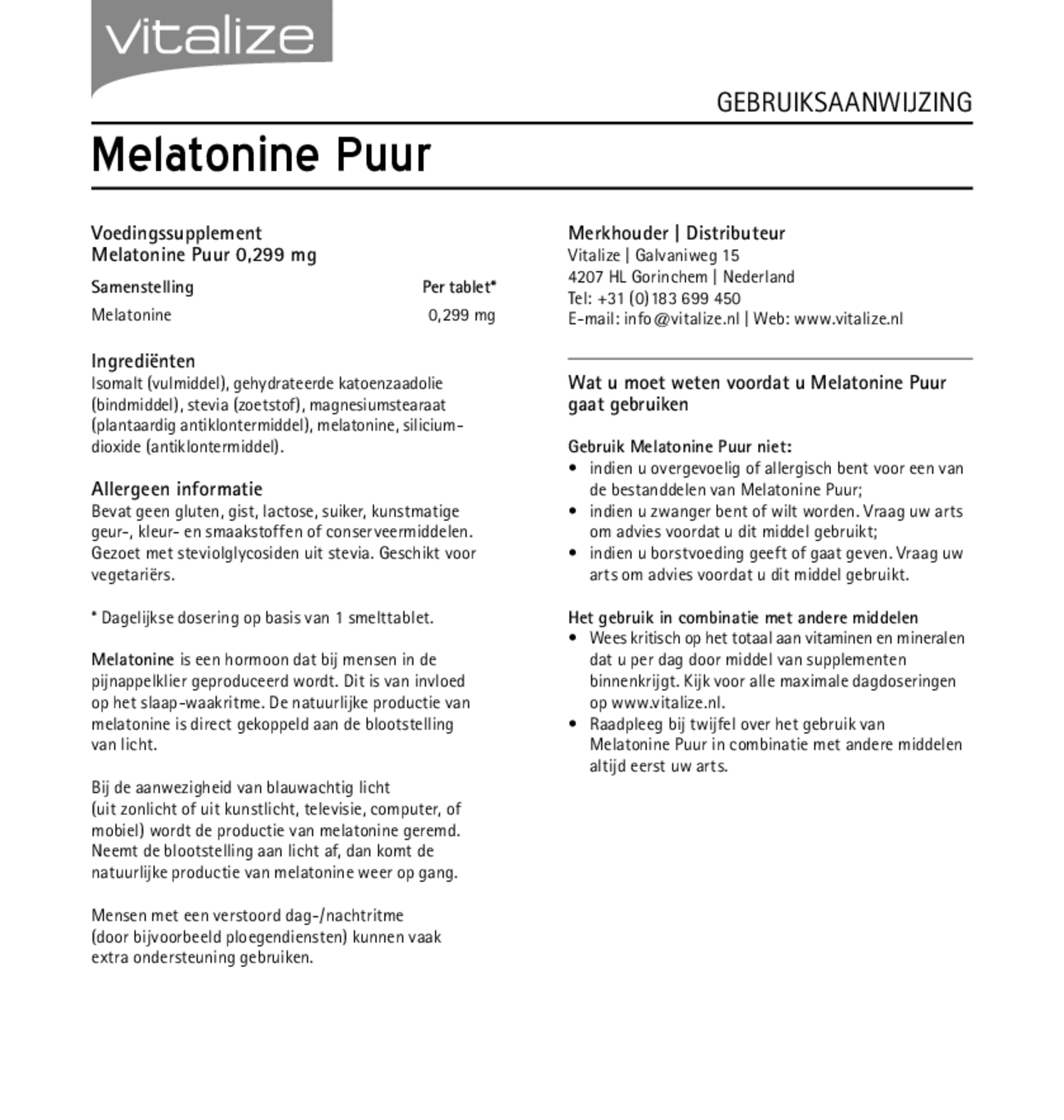 Melatonine Puur 0,299 mg Tabletten afbeelding van document #1, gebruiksaanwijzing