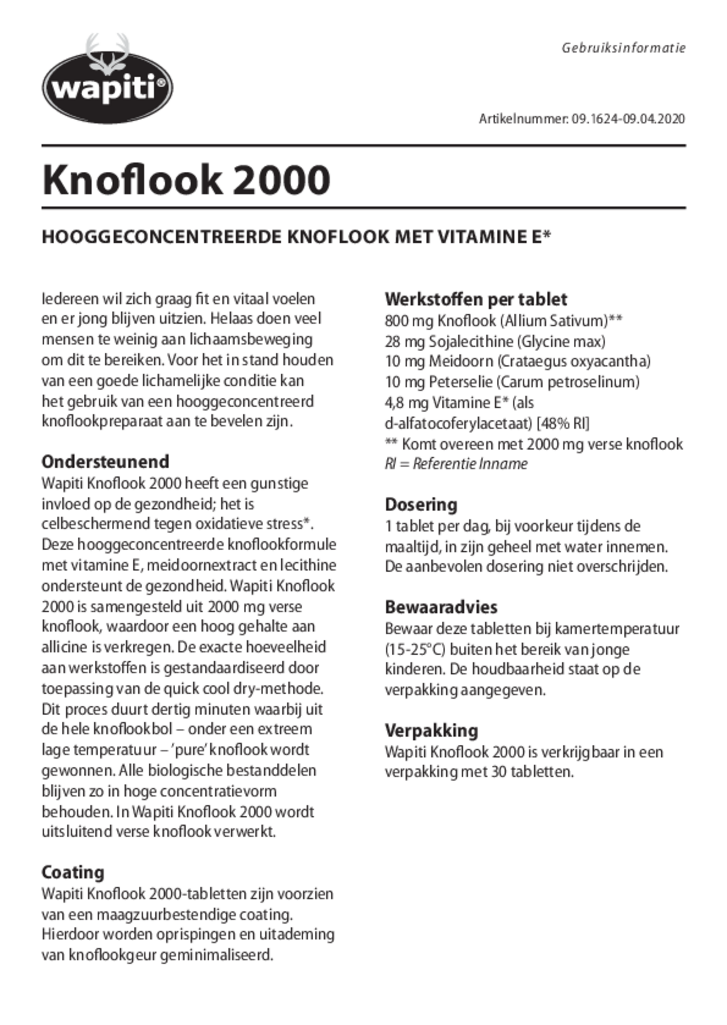 Knoflook 2000 Tabletten afbeelding van document #1, gebruiksaanwijzing