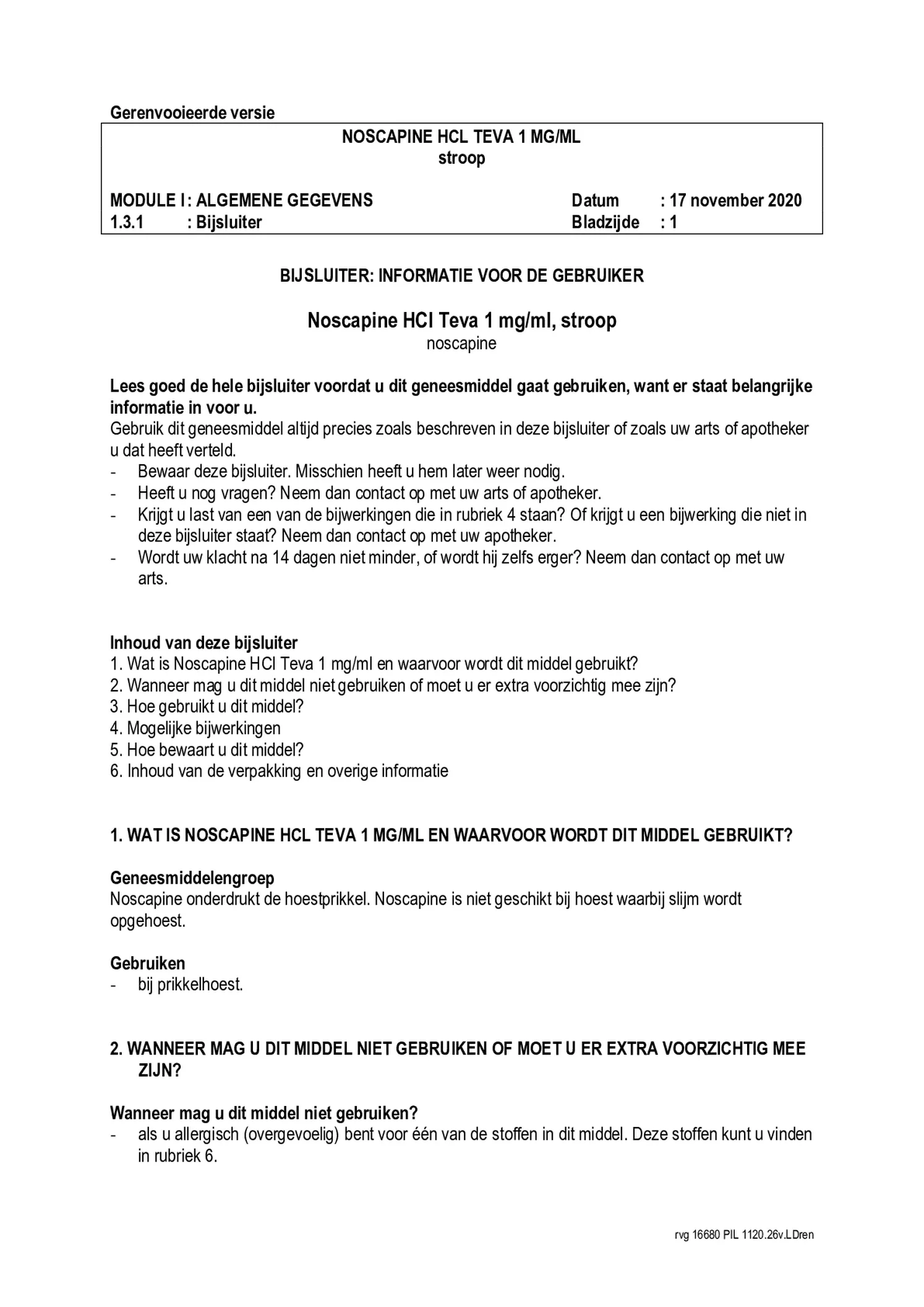 Noscapine Hcl 1=1 Pch Stroop 1mg/ml afbeelding van document #1, bijsluiter