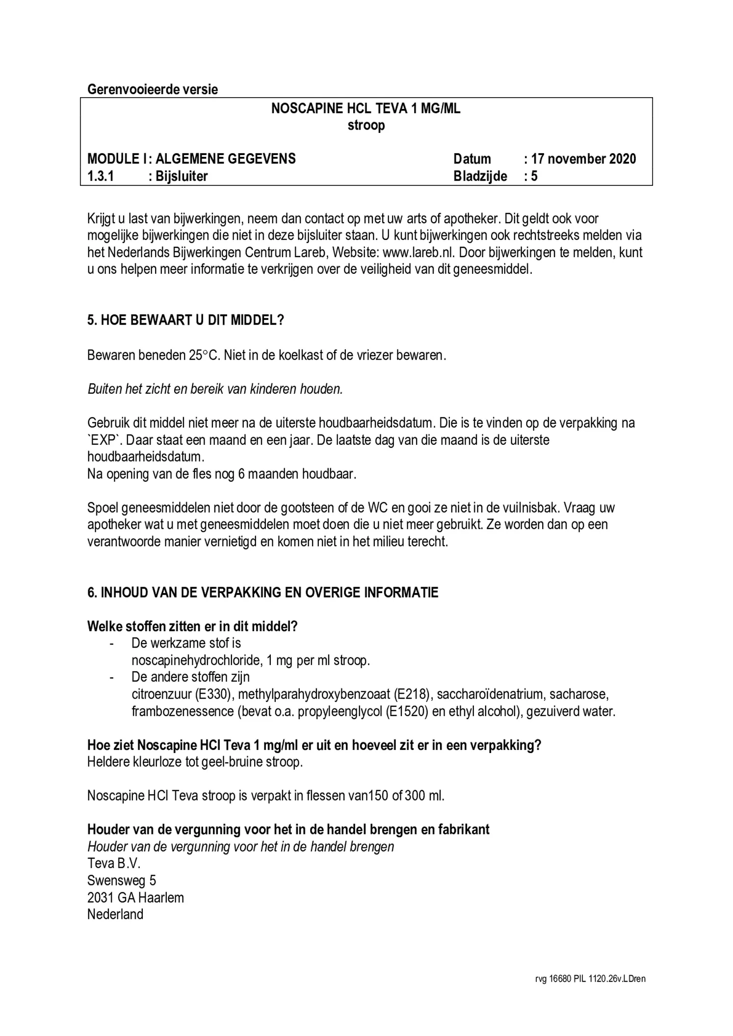 Noscapine Hcl 1=1 Pch Stroop 1mg/ml afbeelding van document #5, bijsluiter