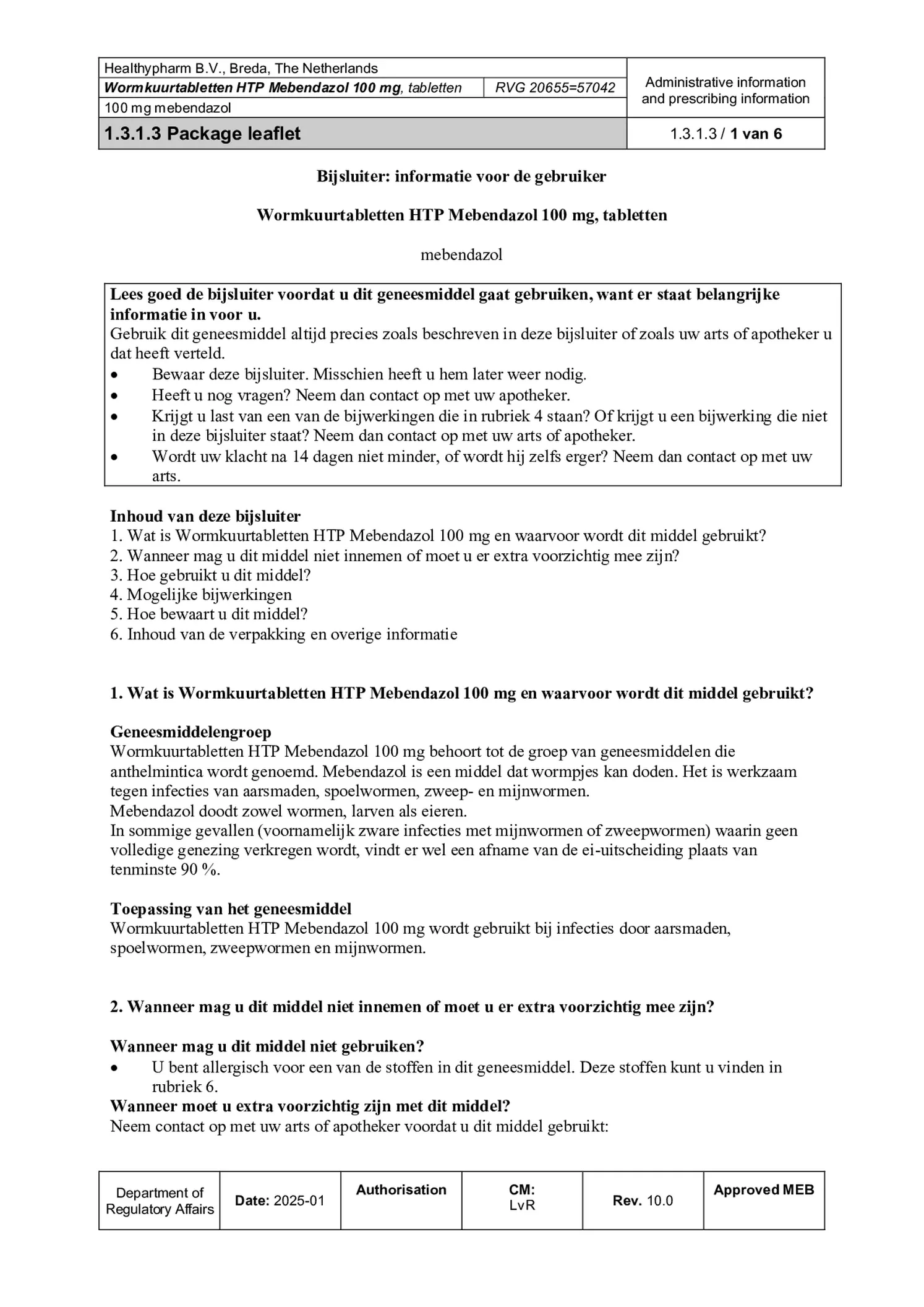 Wormkuurtabletten HTP Mebendazol 100mg afbeelding van document #1, bijsluiter