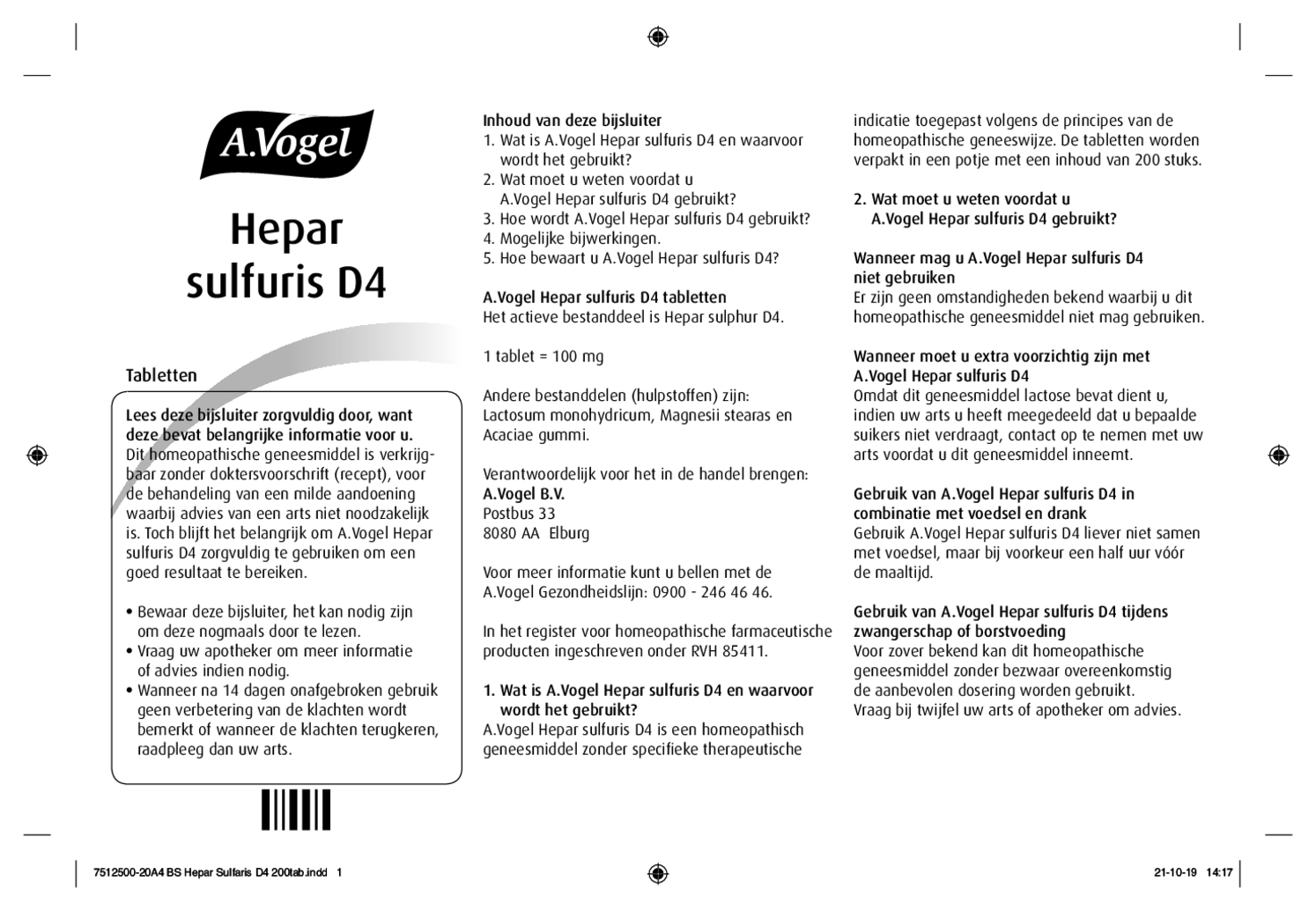 Hepar Sulfuris D4 Tabletten afbeelding van document #1, bijsluiter