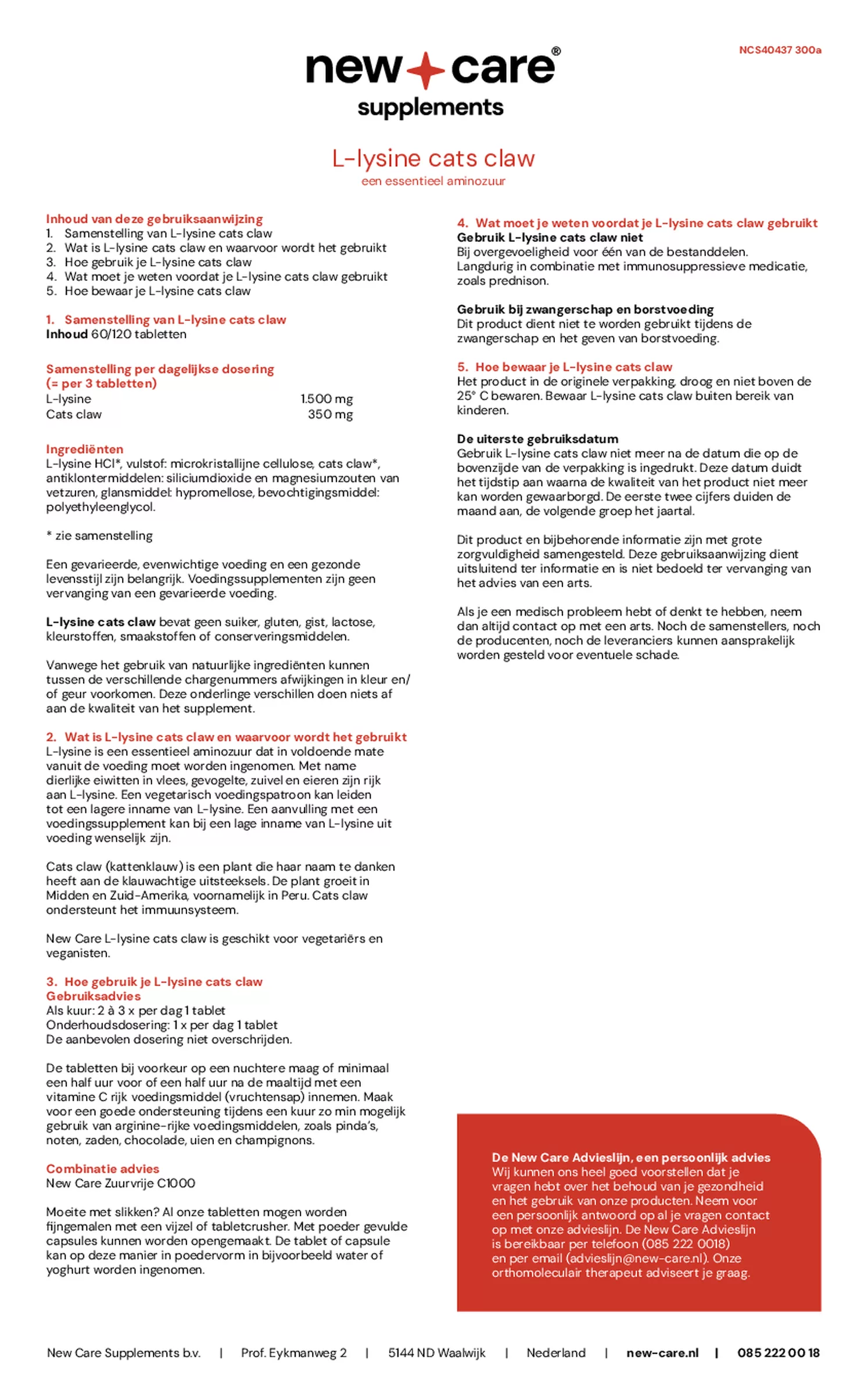 L-Lysine Cats Claw Tabletten afbeelding van document #1, gebruiksaanwijzing