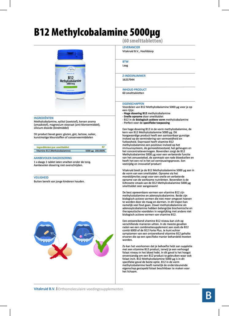 B12 Methylcobalamine 5000µg Smelttabletten afbeelding van document #1, informatiefolder
