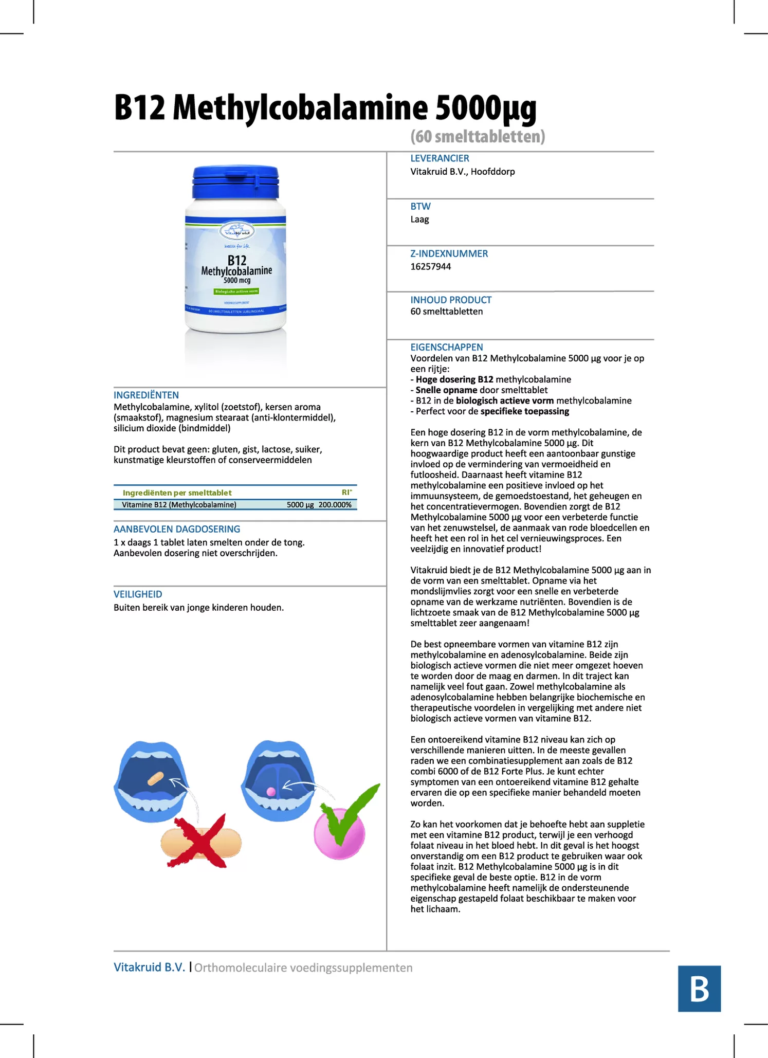 B12 5000 mcg Actief Methylcobalamine Vitamine afbeelding van document #1, informatiefolder