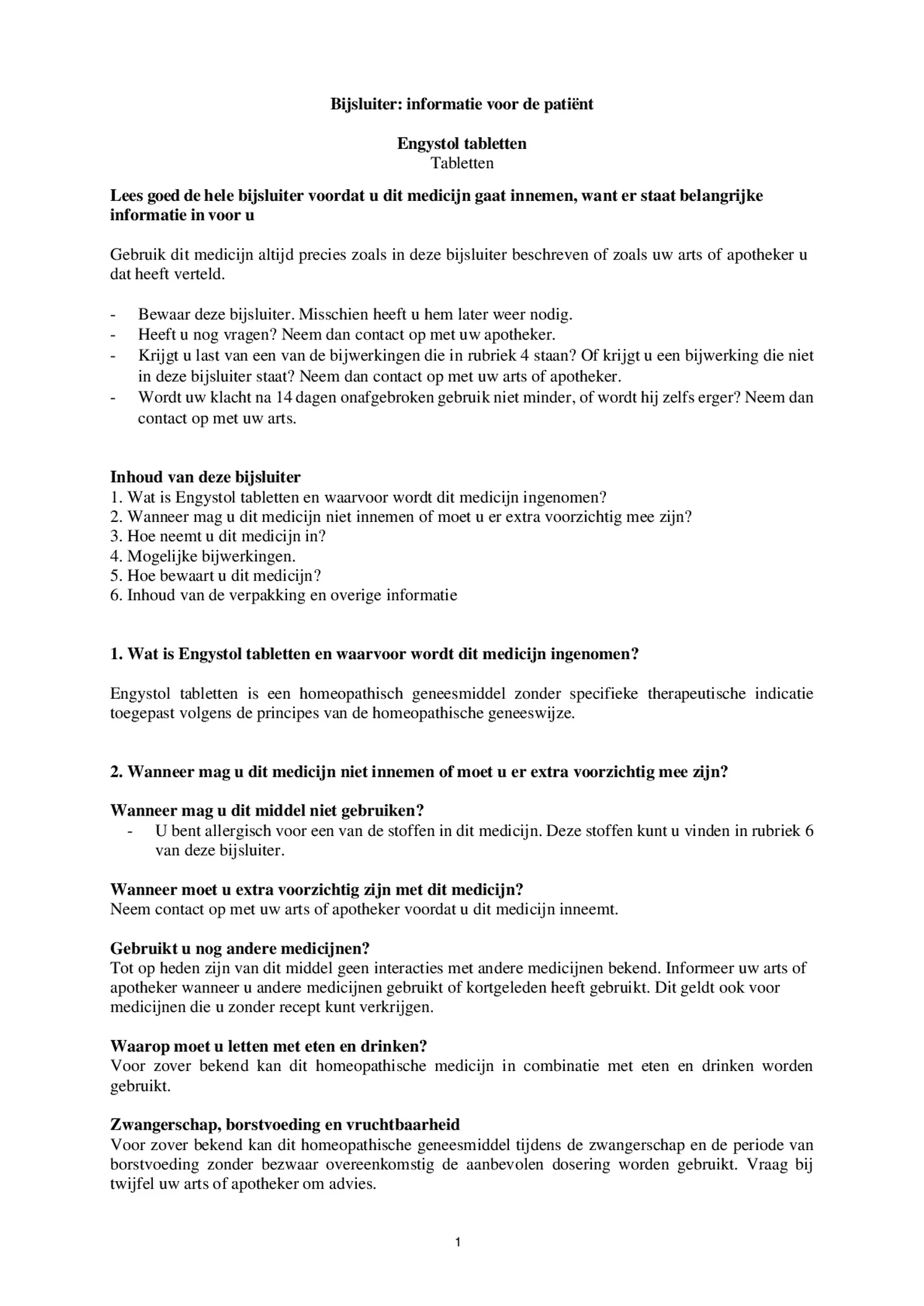 Engystol Tabletten afbeelding van document #1, bijsluiter