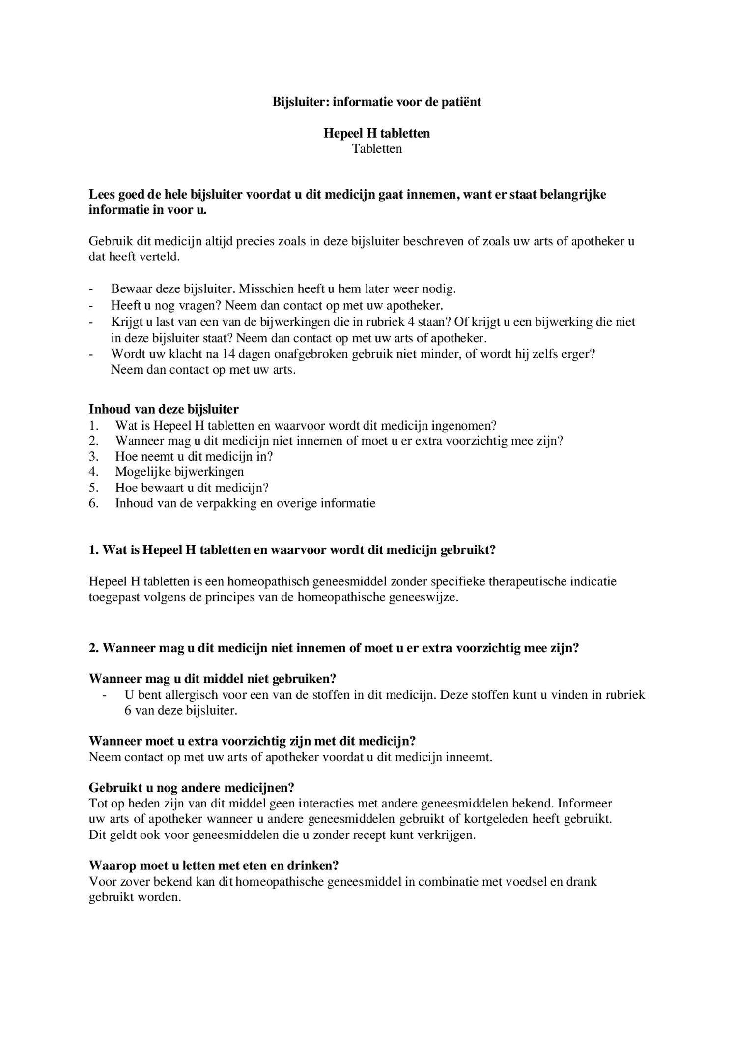 Hepeel H Tabletten afbeelding van document #1, bijsluiter