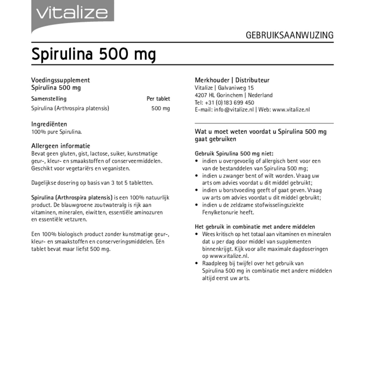 Spirulina 500 mg Tabletten afbeelding van document #1, gebruiksaanwijzing